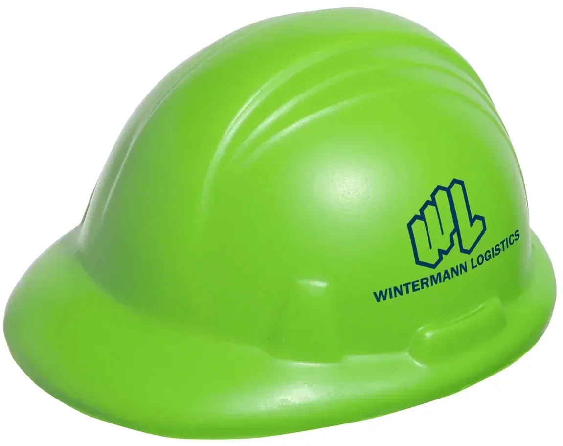 Hard Hat Stress Reliever shown from the side, a branded work-helmet squeeze toy for construction giveaways