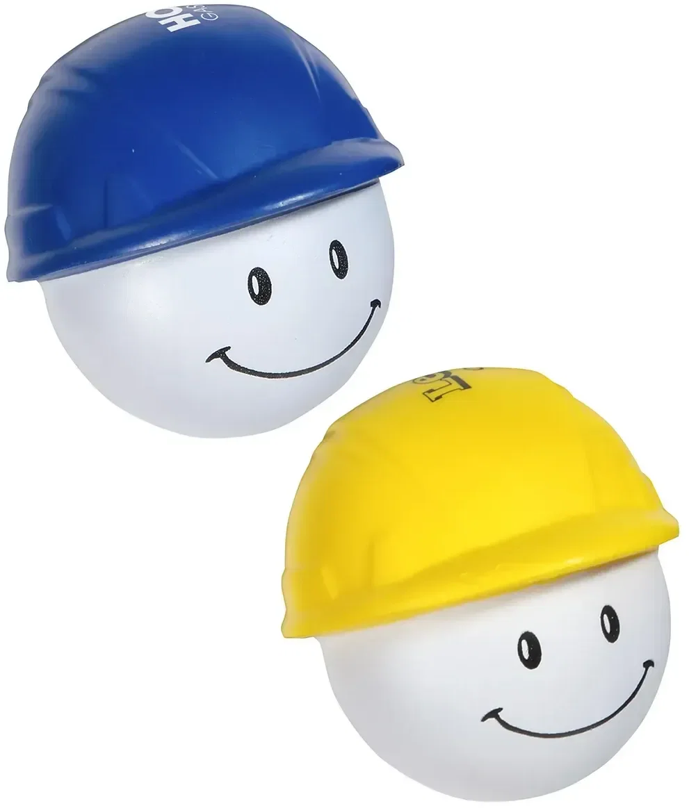 Hard hat mad cap custom stress reliever, comic-face hard hat squeeze toy branded with logo, front view