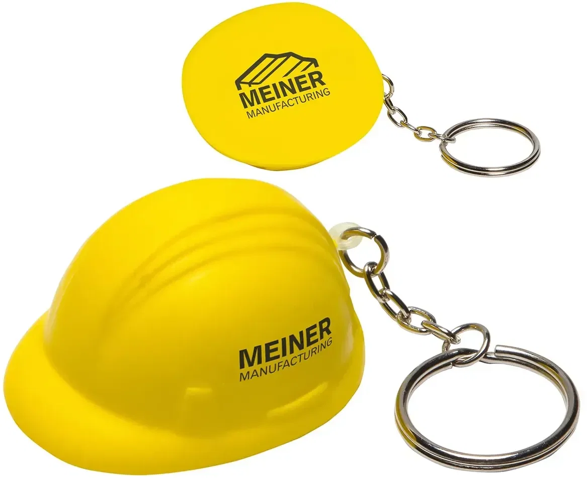 Hard Hat Stress Reliever Keychain, a branded work-helmet squeeze toy keyring for custom logo safety crews