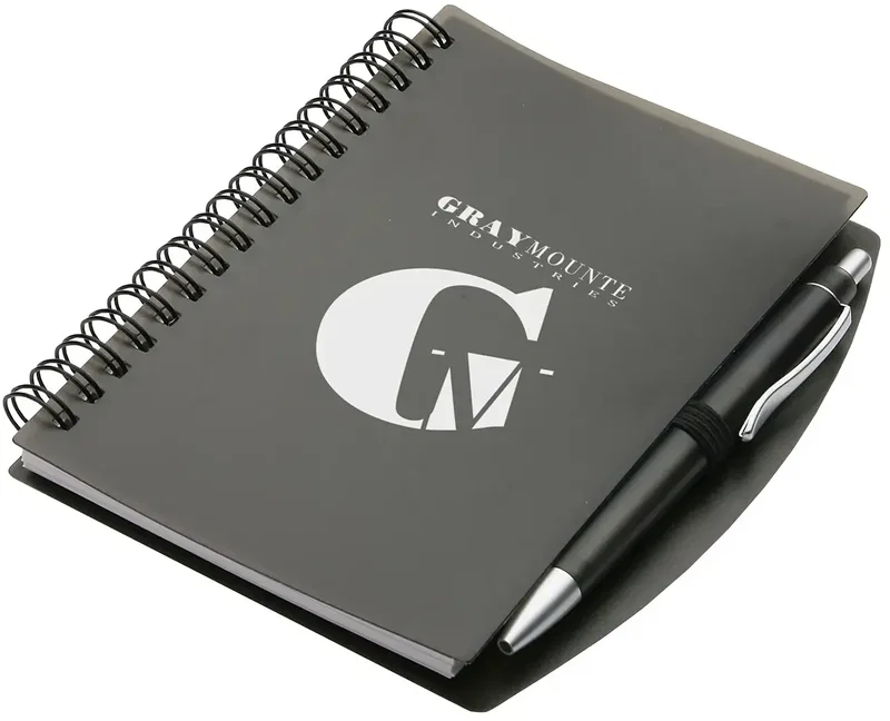 Close-up of logo imprint on promotional hardcover notebook cover
