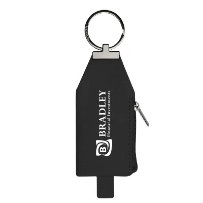 Black leatherette pouch key tag measuring four inches tall