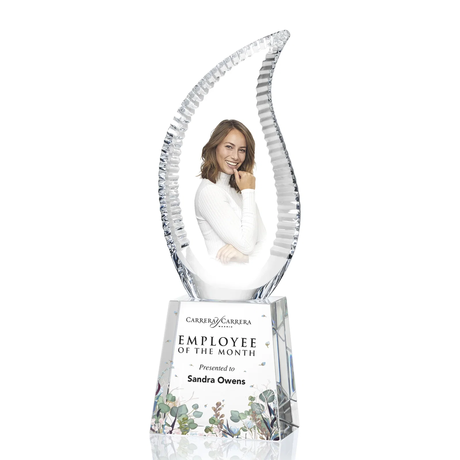 Custom Optical Crystal Flame Award with Scalloped Edges for volunteer appreciation