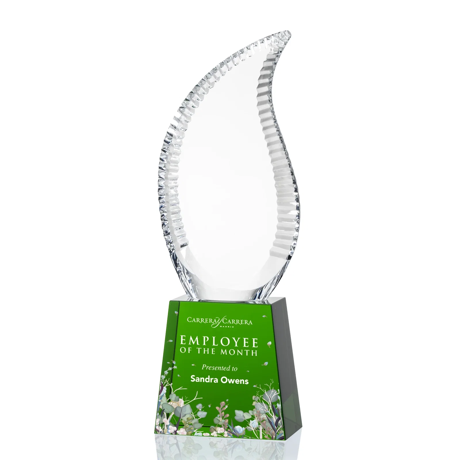 Custom Optical Crystal Flame Award with Scalloped Edges for dealer and partner awards
