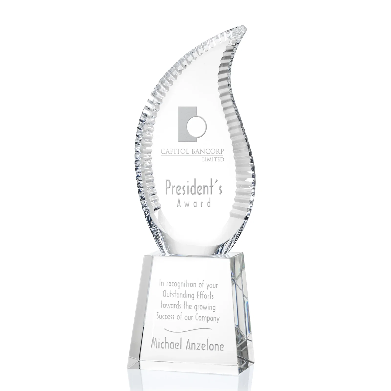 Custom Optical Crystal Flame Award with Scalloped Edges for corporate award ceremonies