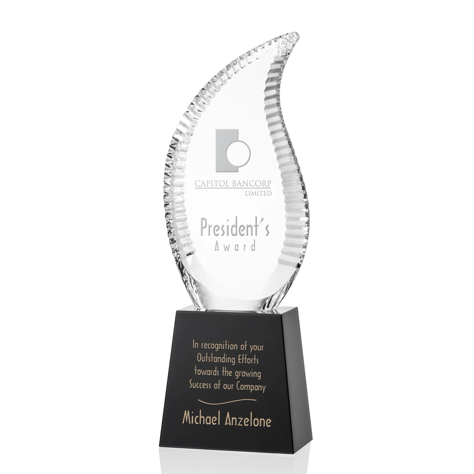 Custom Optical Crystal Flame Award with Scalloped Edges for service anniversary gifts