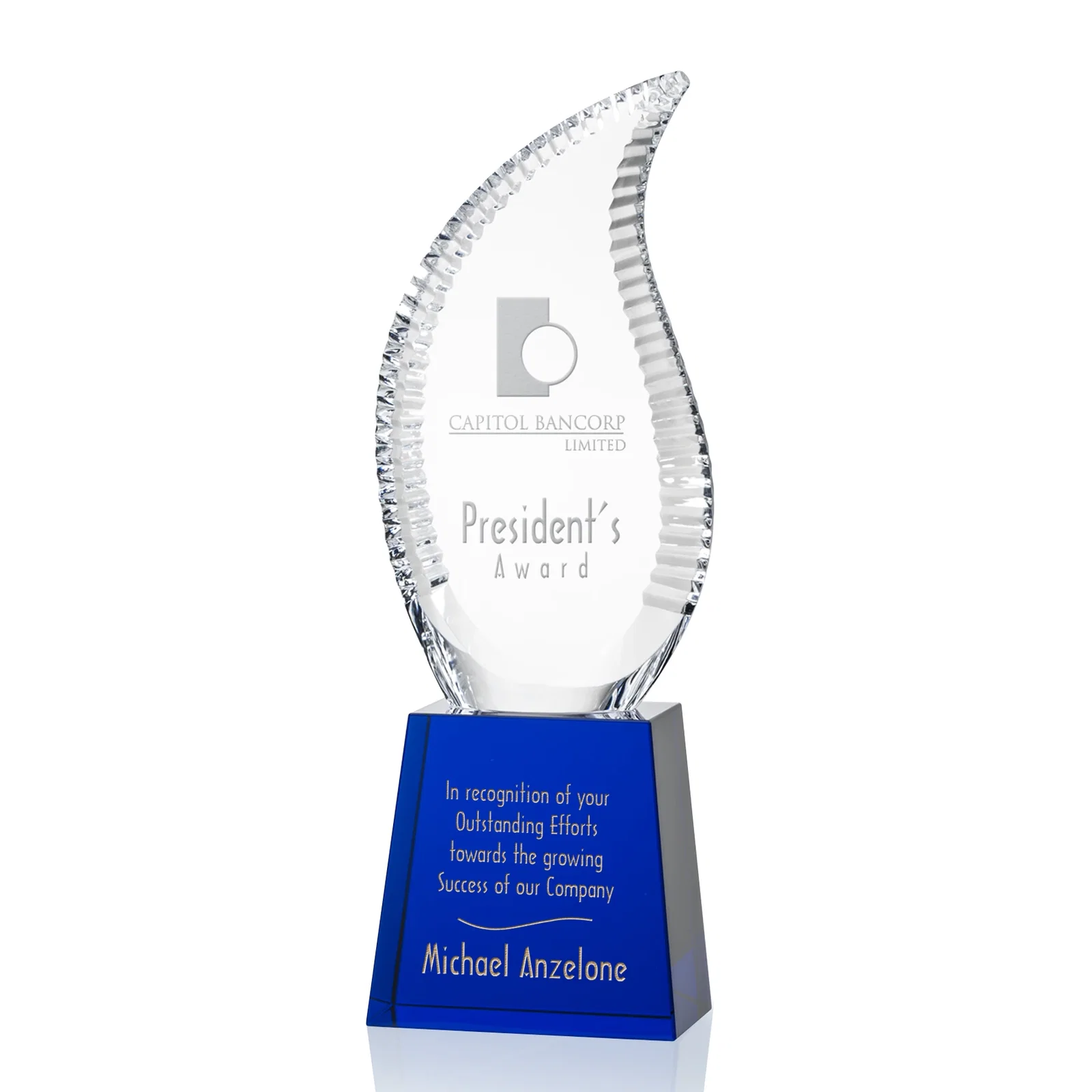 Custom Optical Crystal Flame Award with Scalloped Edges for sales achievement awards