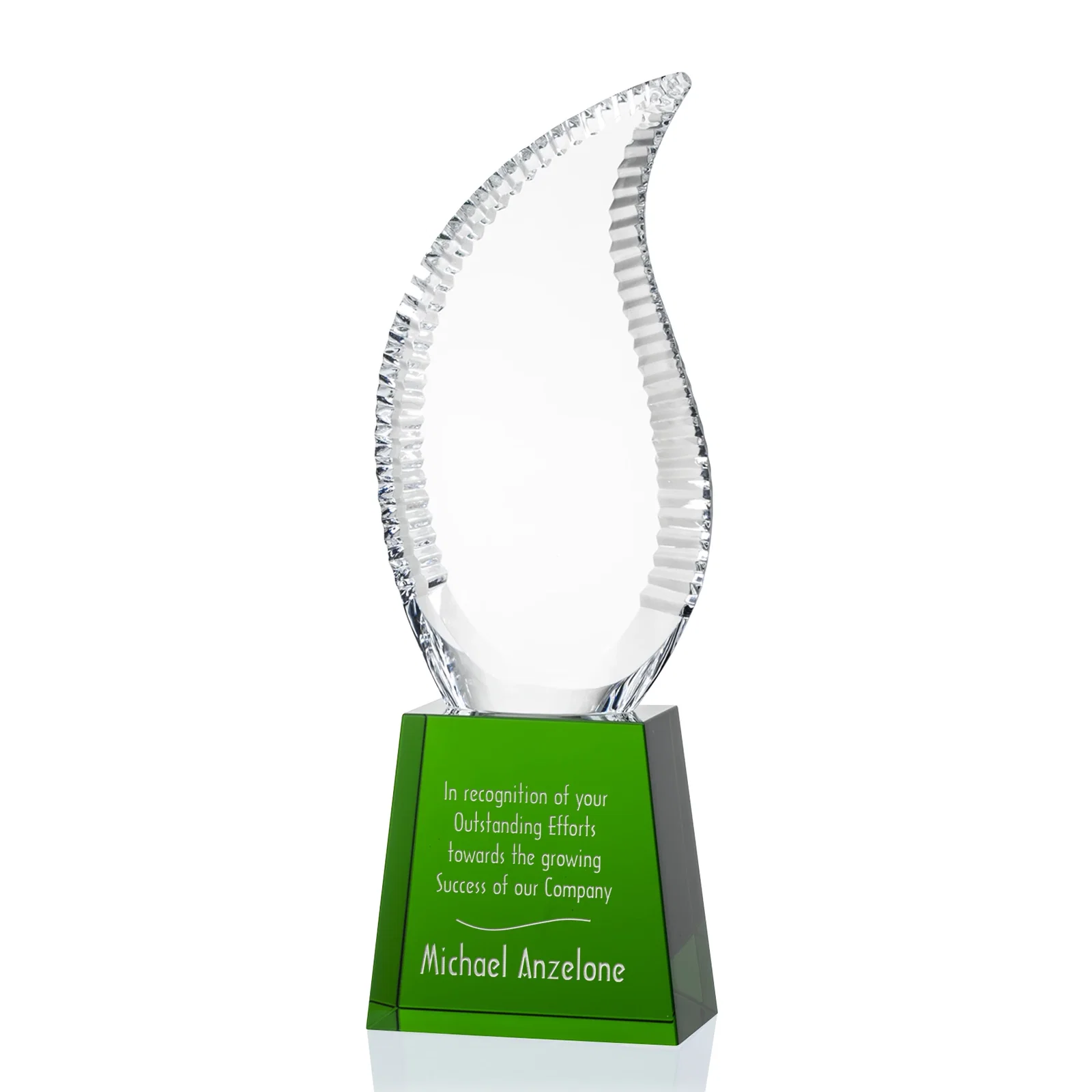 Custom Optical Crystal Flame Award with Scalloped Edges for retirement presentations