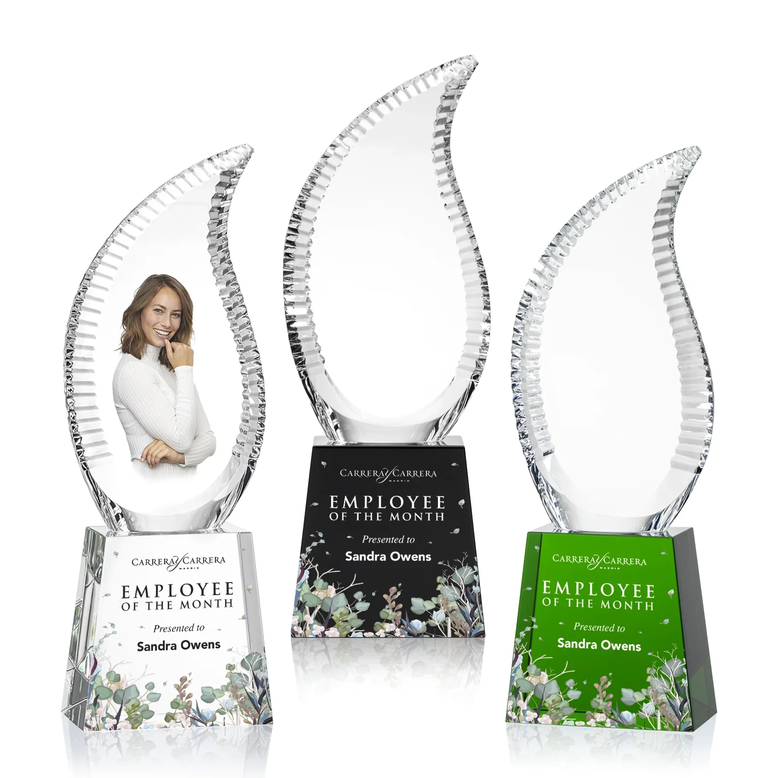 Custom Optical Crystal Flame Award with Scalloped Edges for donor appreciation