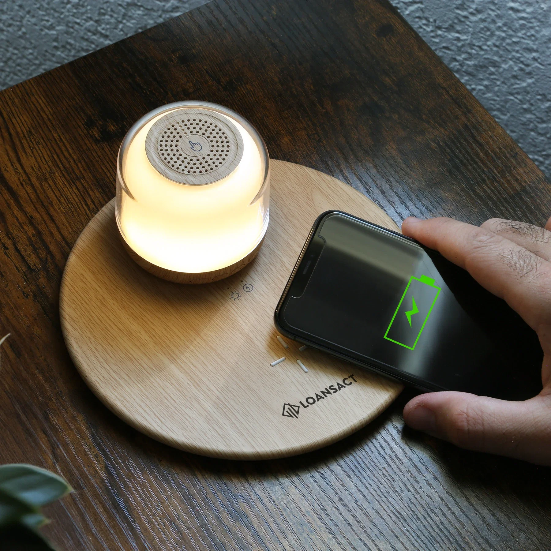 Harmony3™ Wireless Charger-Speaker-Light in use