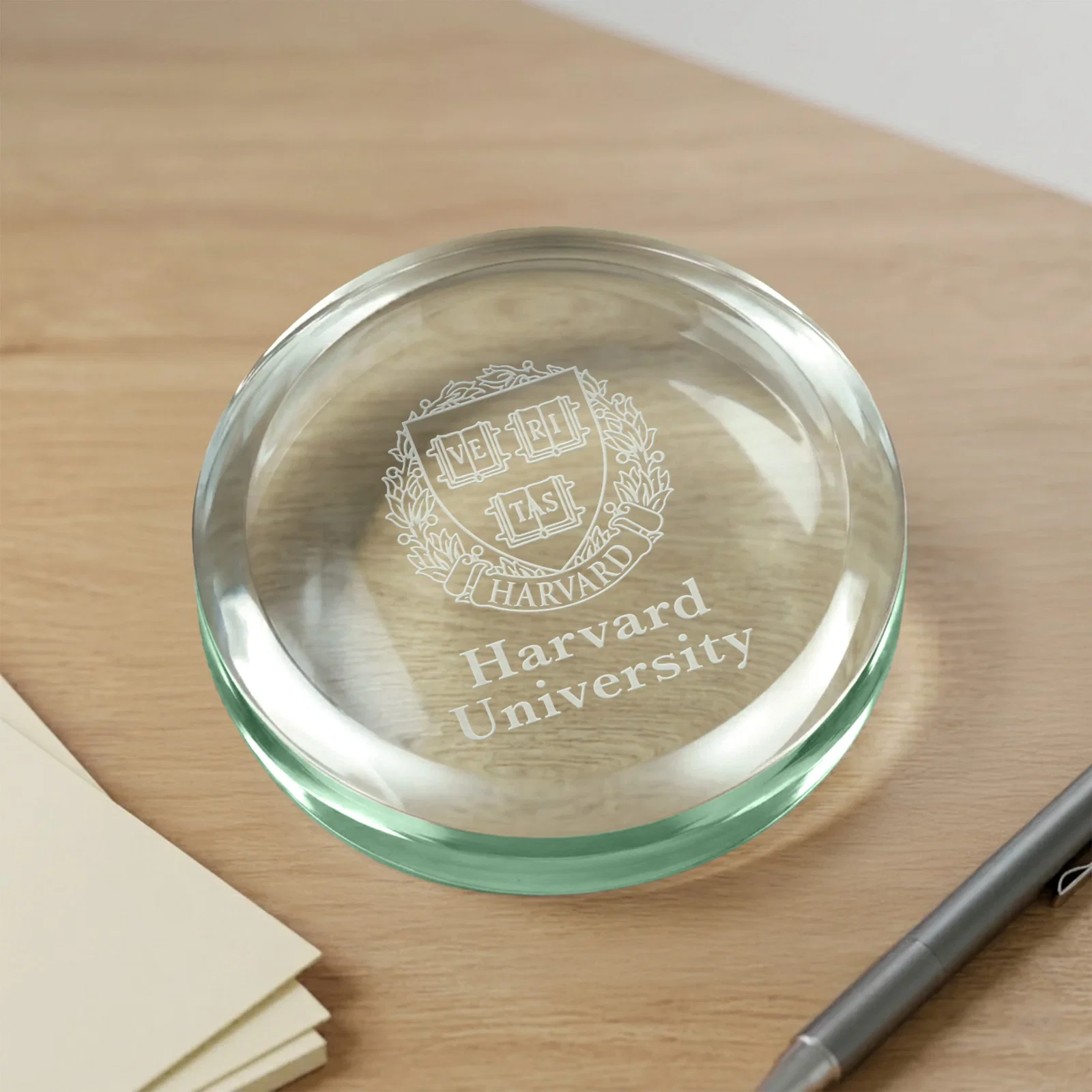 Custom Round Jade Glass Paperweight, 3.5" x 0.625" with Domed Top, company anniversary gift for service anniversary gifts