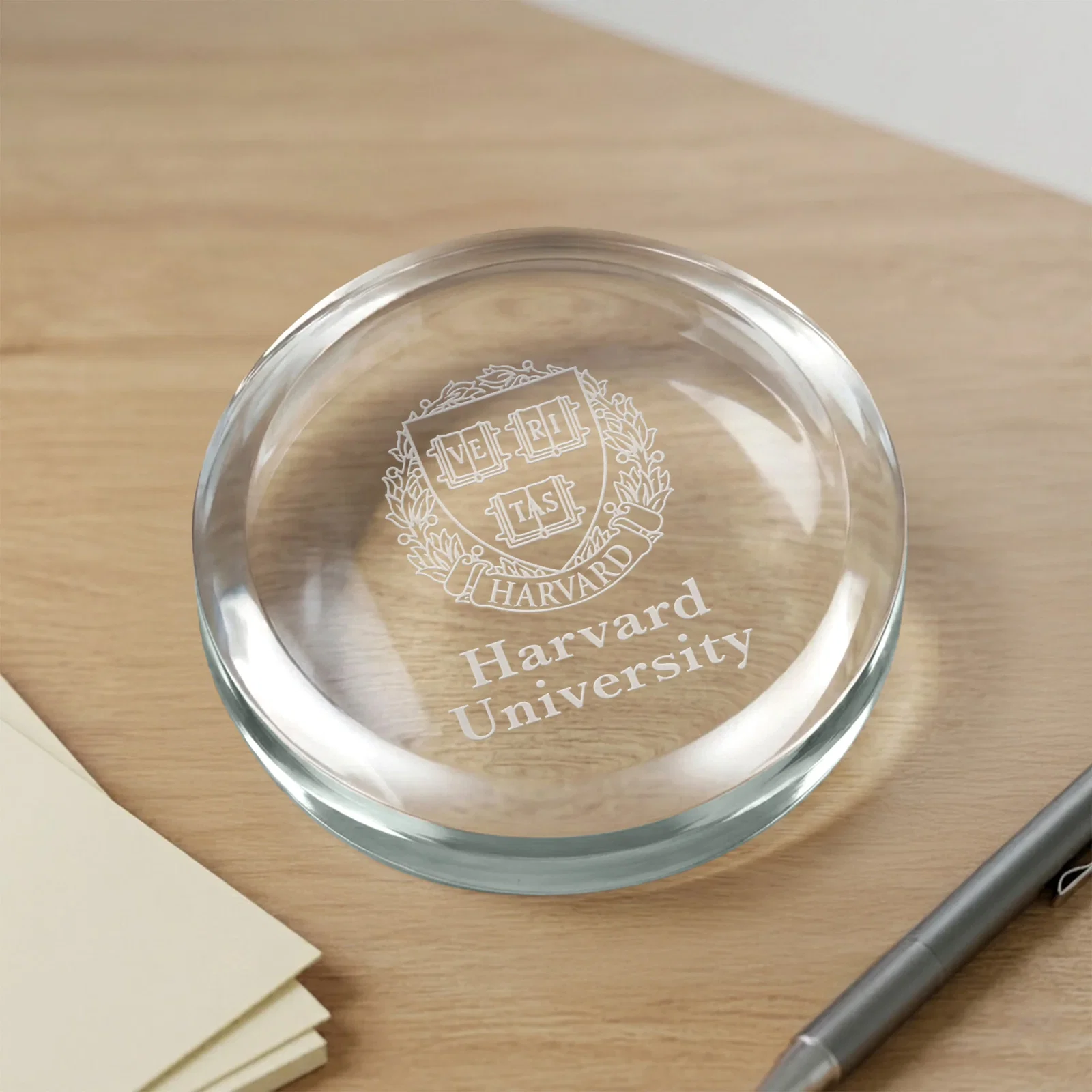 Custom Round Starfire Crystal Paperweight, 3.5" x 0.625" with Domed Top, company anniversary gift for corporate award ceremonies