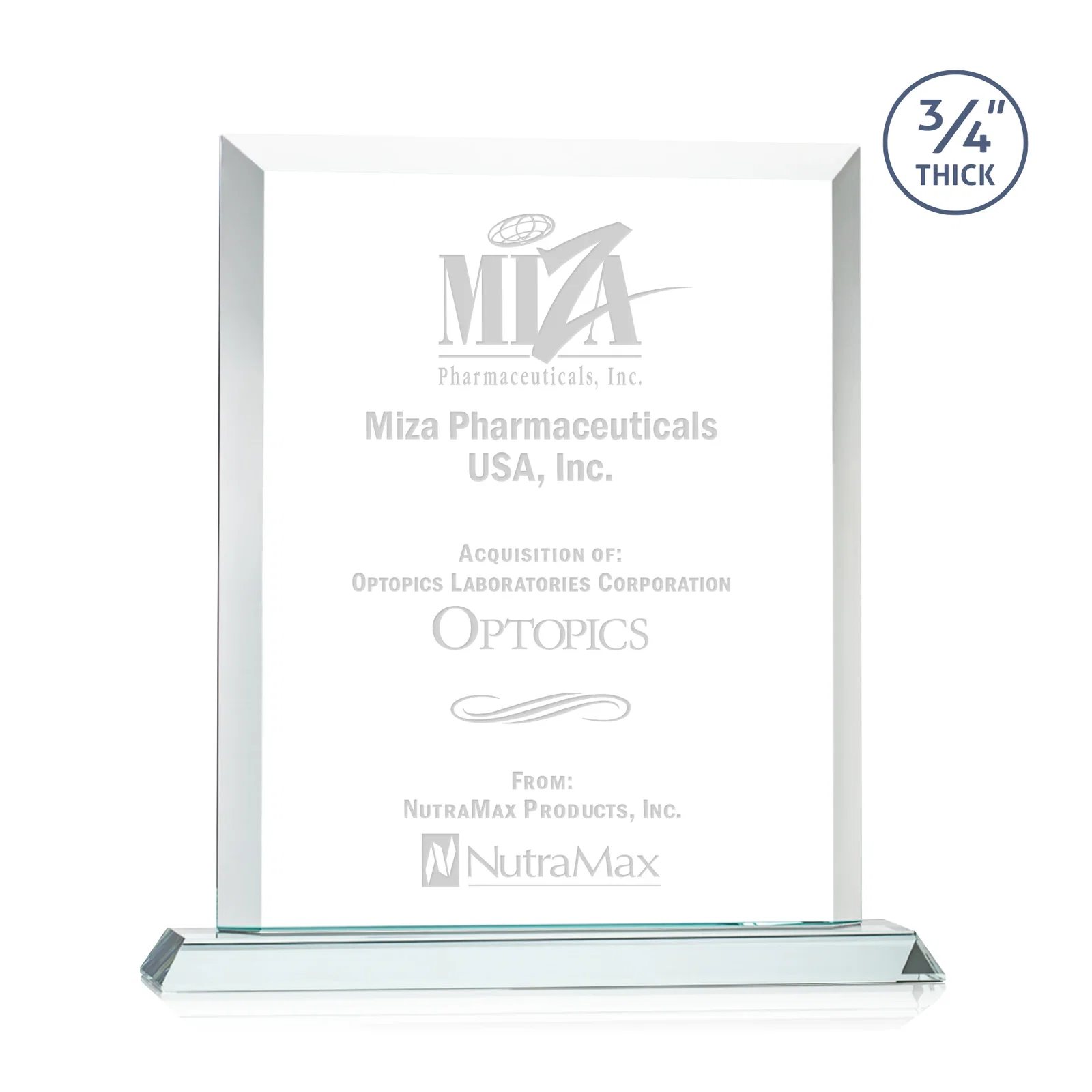 Custom Three-Quarter-Inch Starfire Rectangle with Bevel-Framed Window, awards for dealer and partner awards