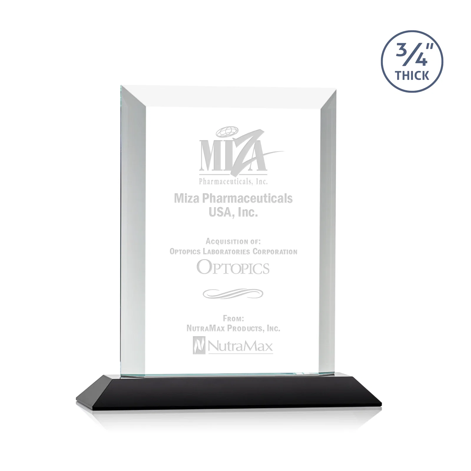 Custom Three-Quarter-Inch Starfire Rectangle with Bevel-Framed Window, awards for service anniversary gifts