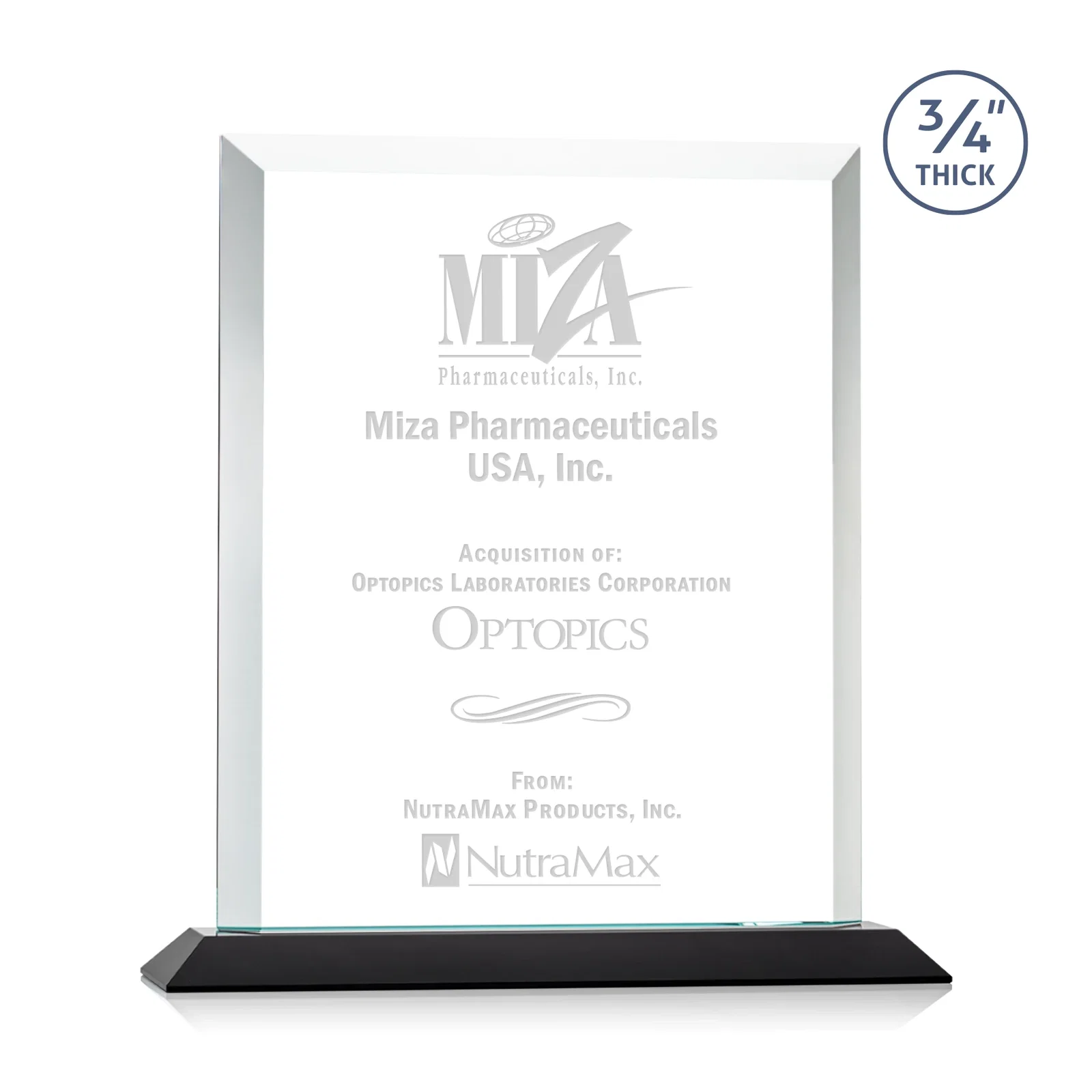 Custom Three-Quarter-Inch Starfire Rectangle with Bevel-Framed Window, awards for retirement presentations