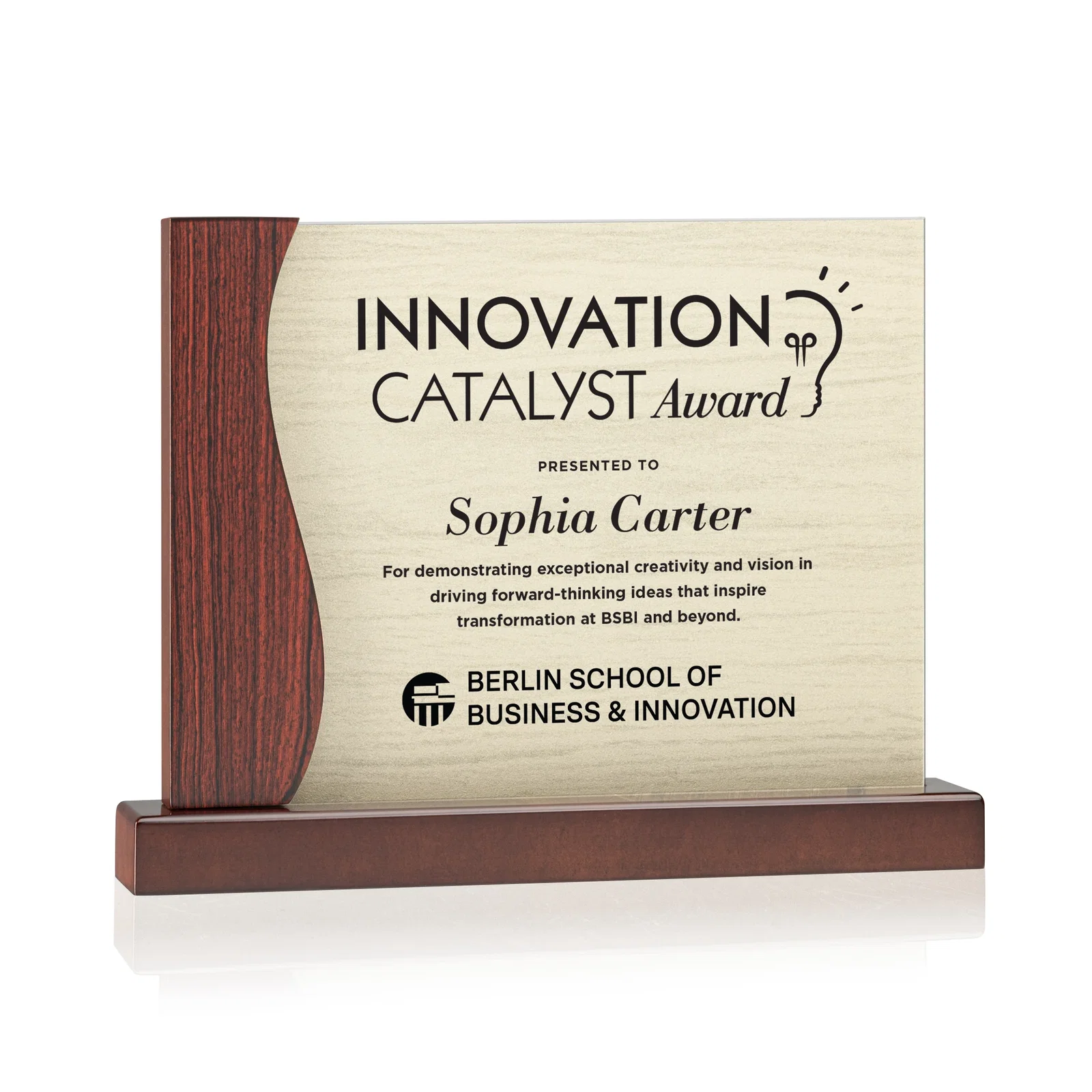Custom Acrylic Panel Award in Rosewood or White Frame for graduation ceremonies