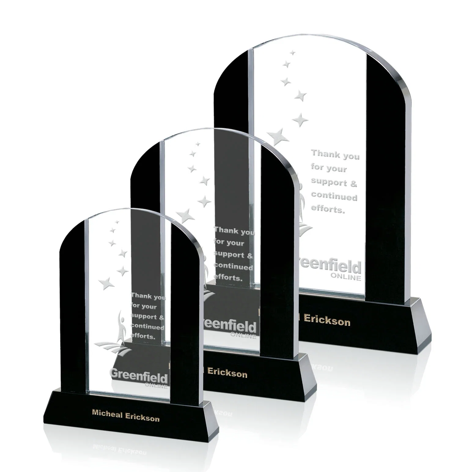 Custom Black and Clear Optical Crystal Award with Arched Top, awards for employee recognition