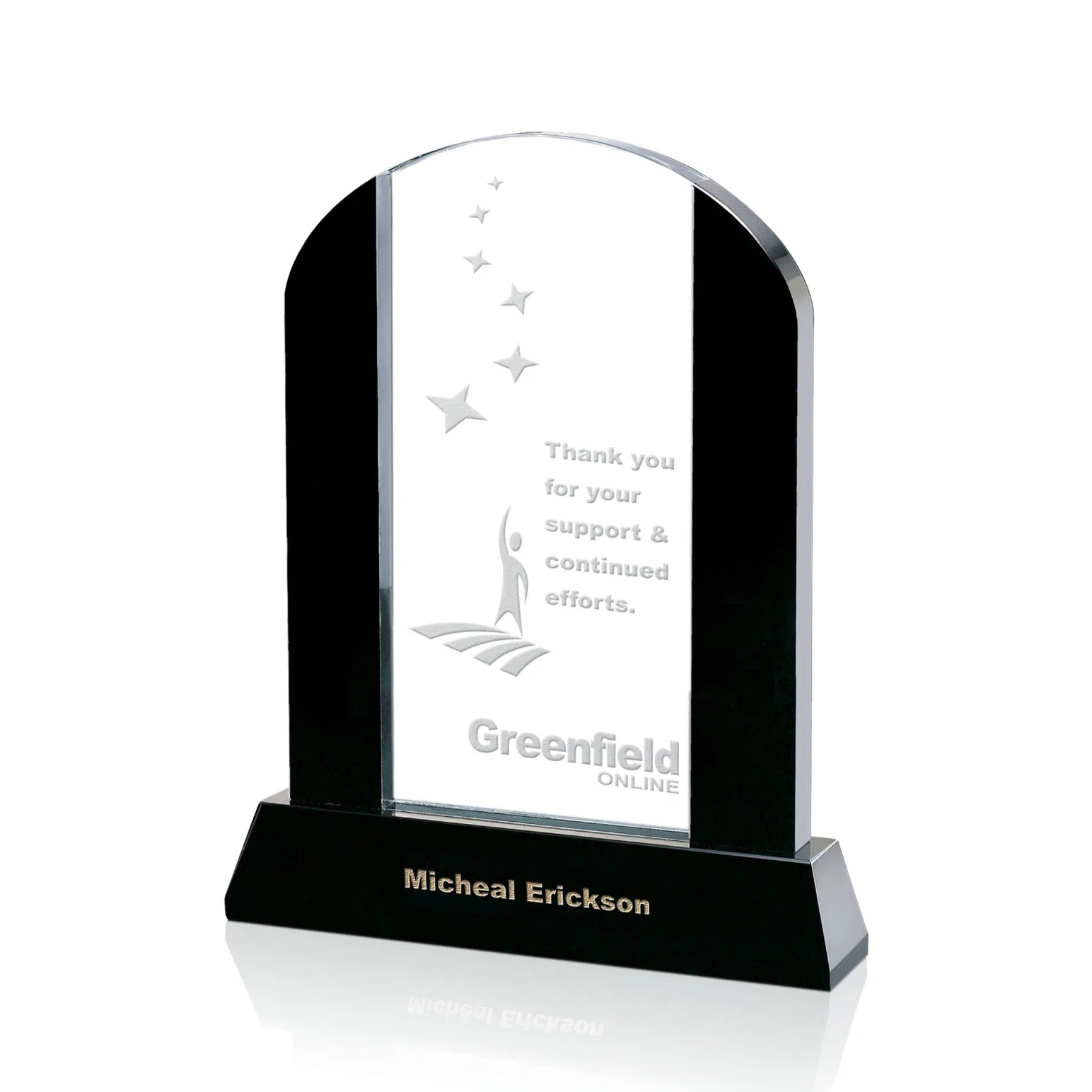 Custom Black and Clear Optical Crystal Award with Arched Top, awards for corporate award ceremonies