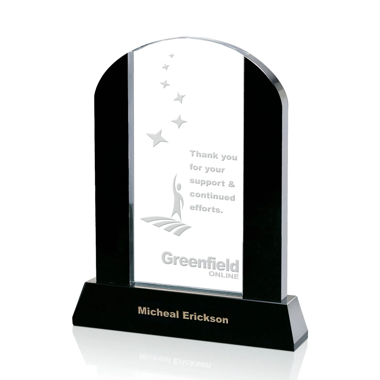Custom Black and Clear Optical Crystal Award with Arched Top, awards for service anniversary gifts