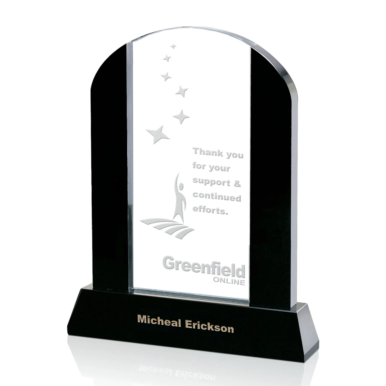 Custom Black and Clear Optical Crystal Award with Arched Top, awards for sales achievement awards