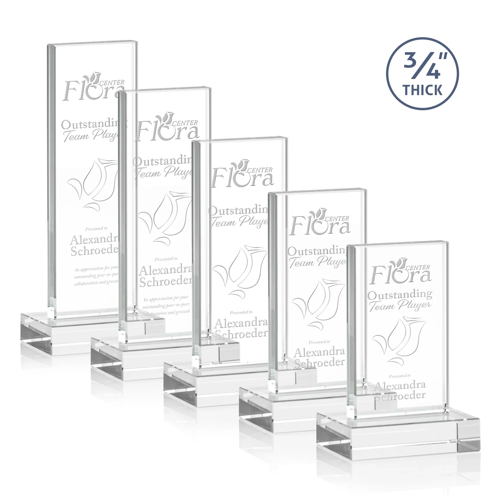 Custom Clear Optical Crystal Tower Award on Thick Matching Base for employee recognition