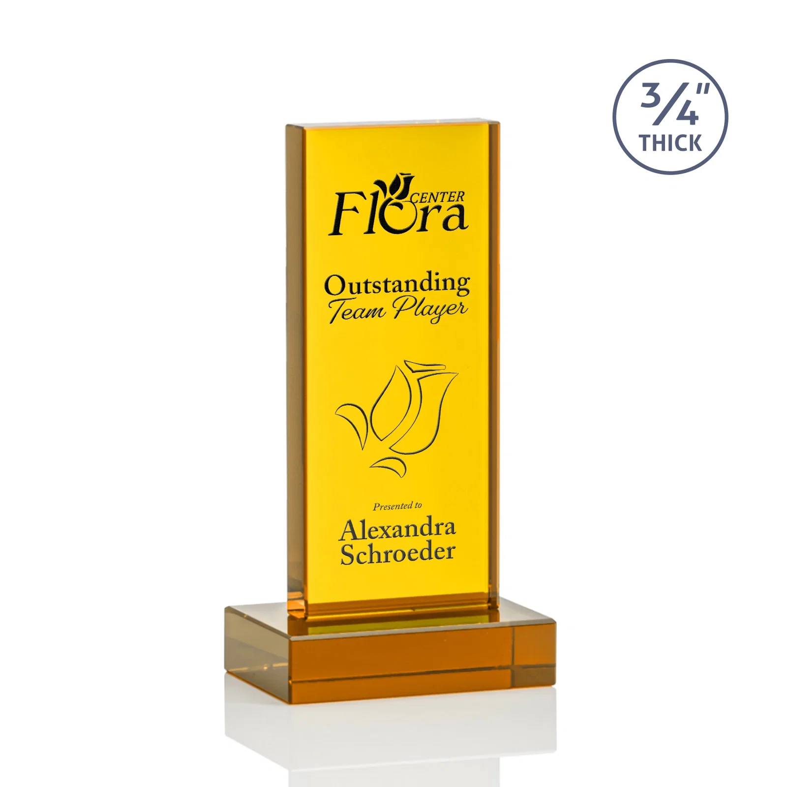 Custom Clear Optical Crystal Tower Award on Thick Matching Base for volunteer appreciation