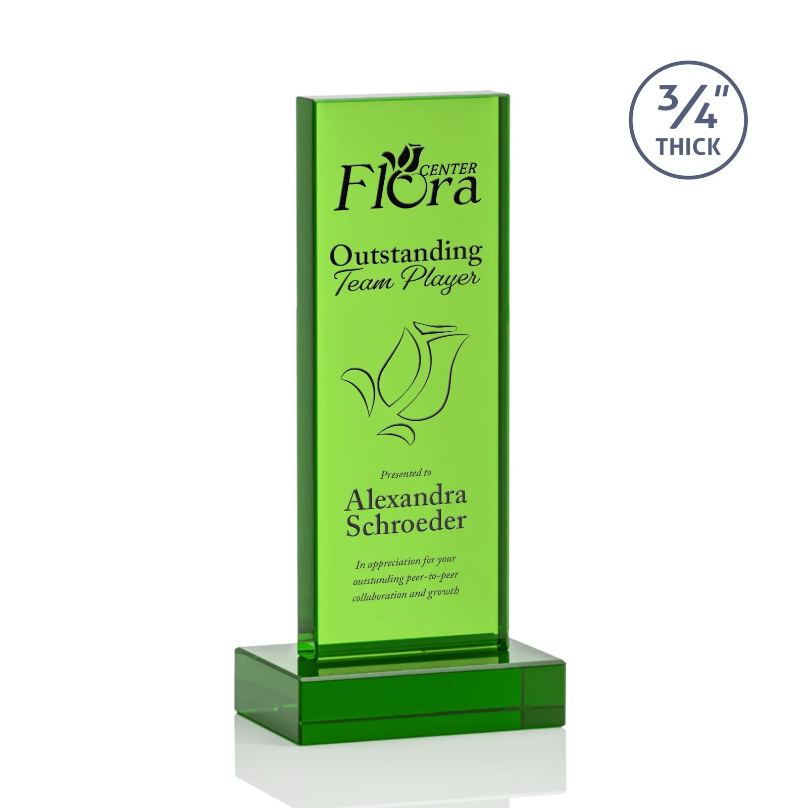 Personalized Clear Optical Crystal Tower Award on Thick Matching Base for retirement presentations