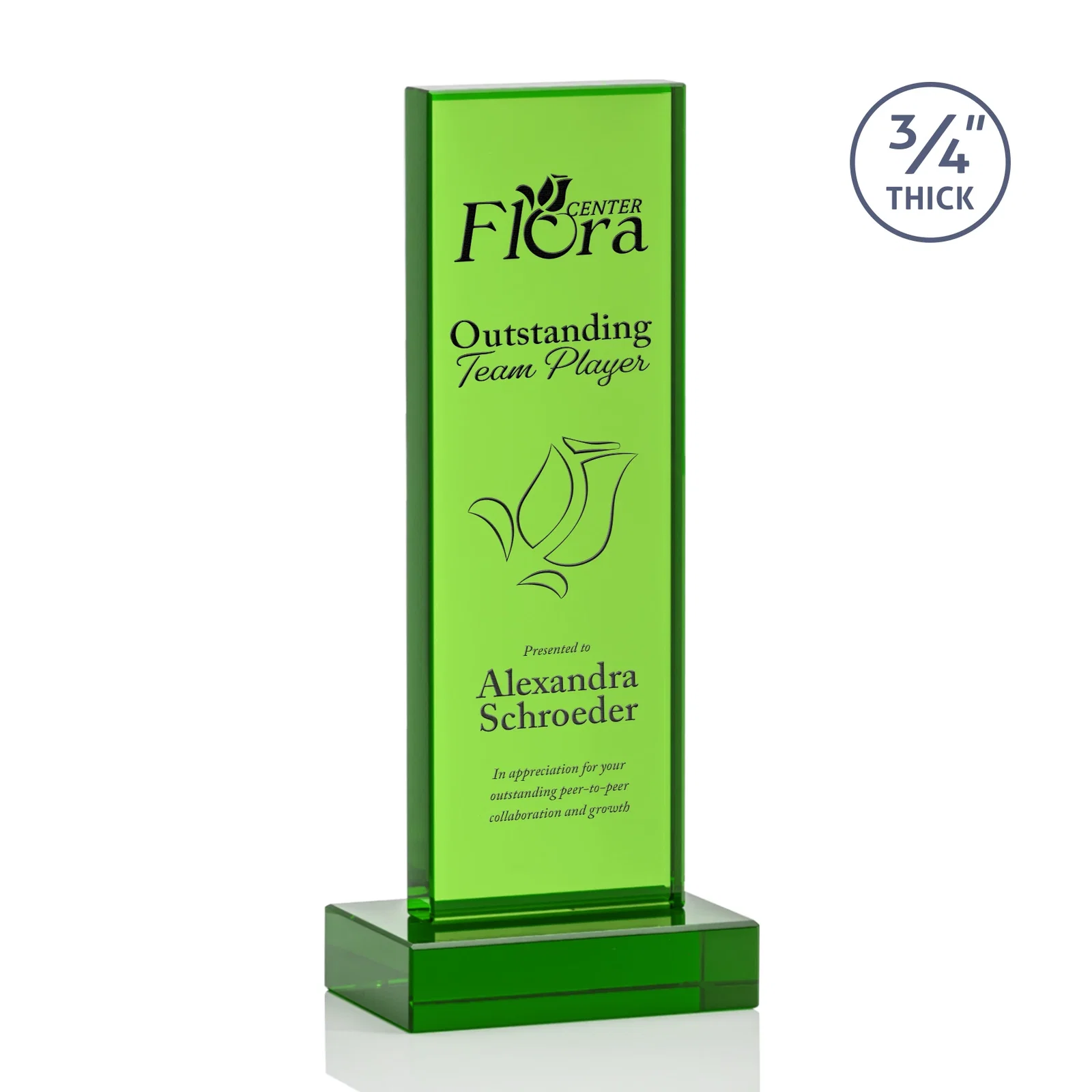 Personalized Clear Optical Crystal Tower Award on Thick Matching Base for team milestone celebrations