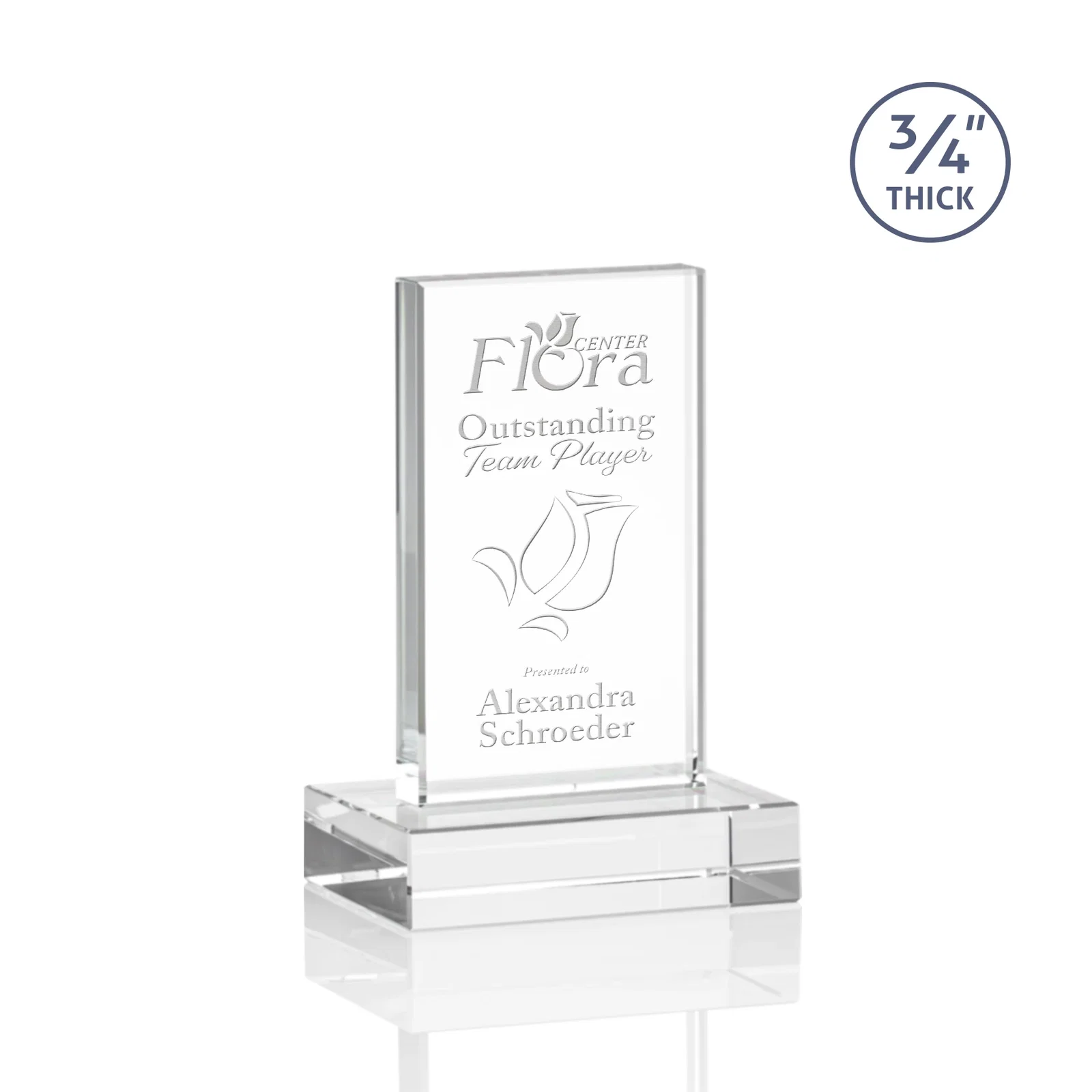 Custom Clear Optical Crystal Tower Award on Thick Matching Base for corporate award ceremonies