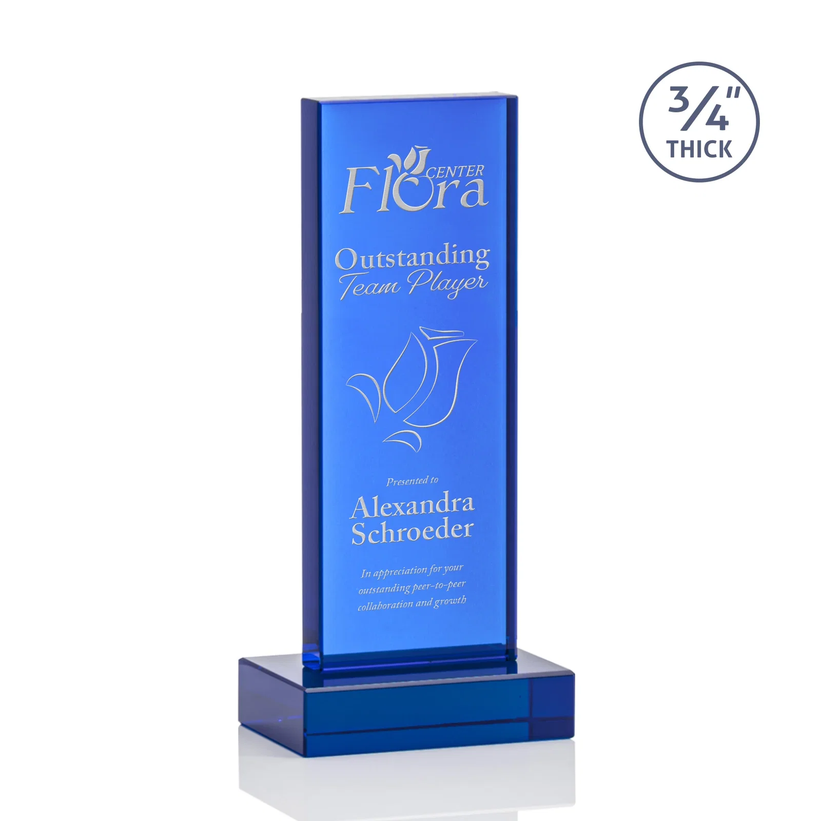 Promotional Clear Optical Crystal Tower Award on Thick Matching Base for retirement presentations
