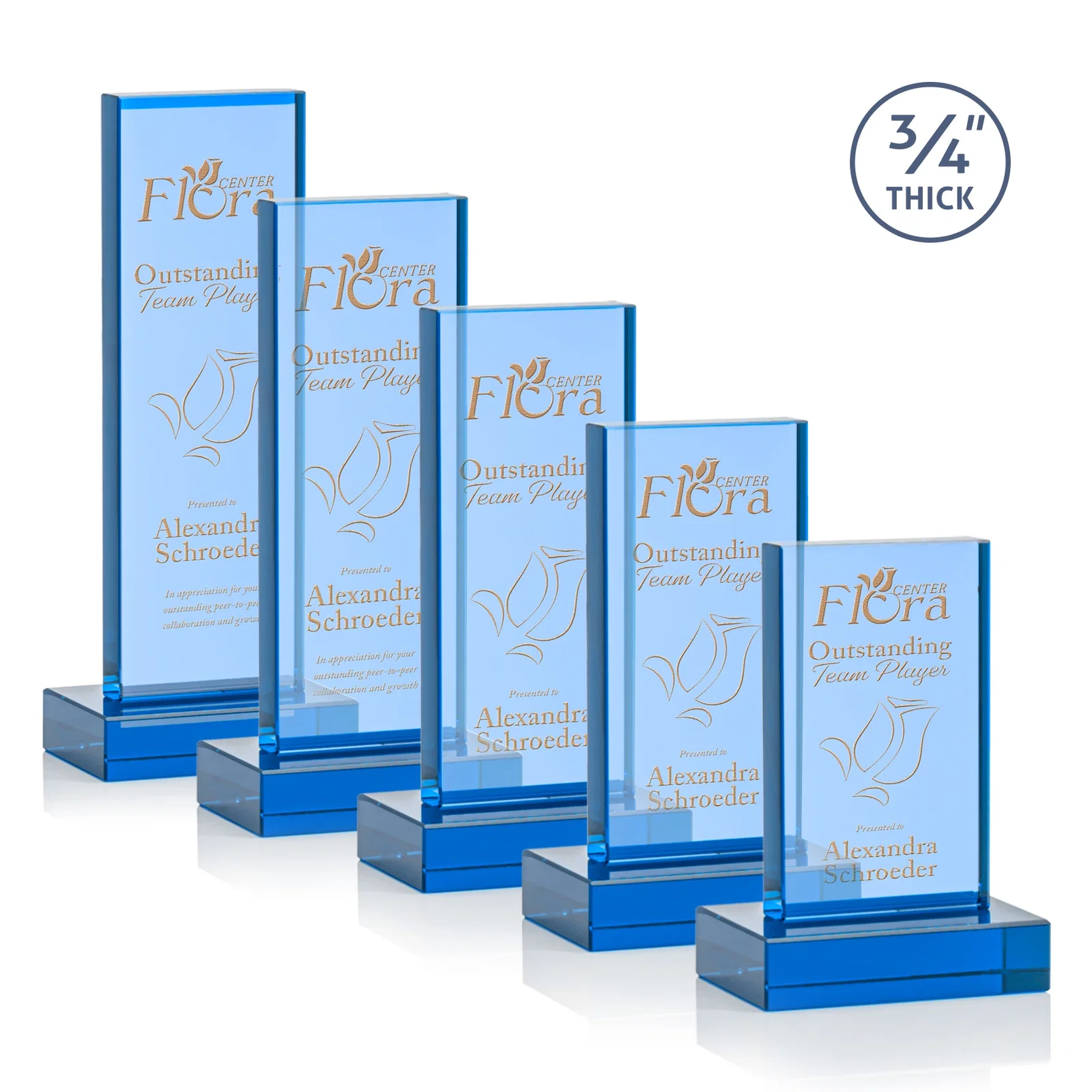 Branded Clear Optical Crystal Tower Award on Thick Matching Base for employee recognition