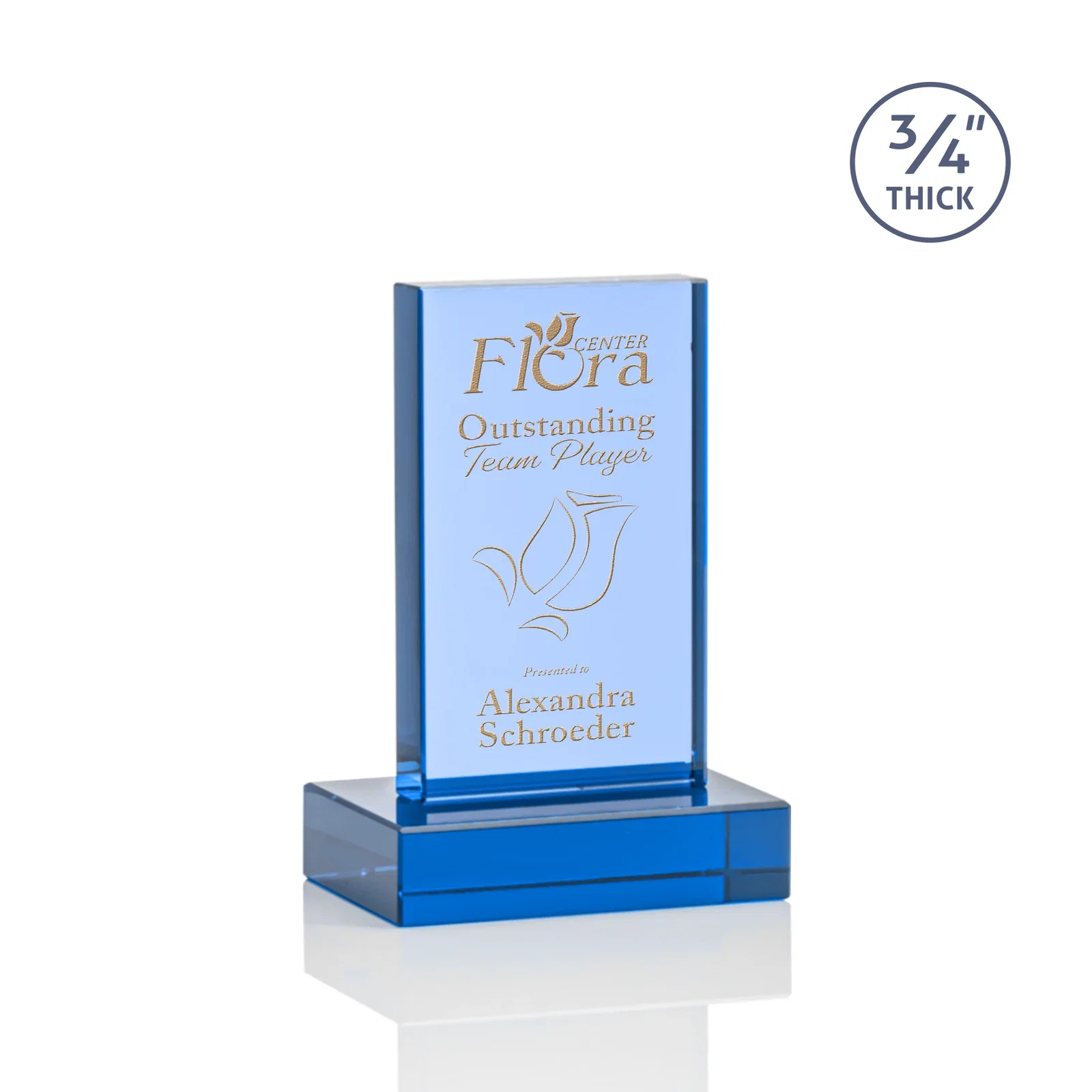 Branded Clear Optical Crystal Tower Award on Thick Matching Base for corporate award ceremonies