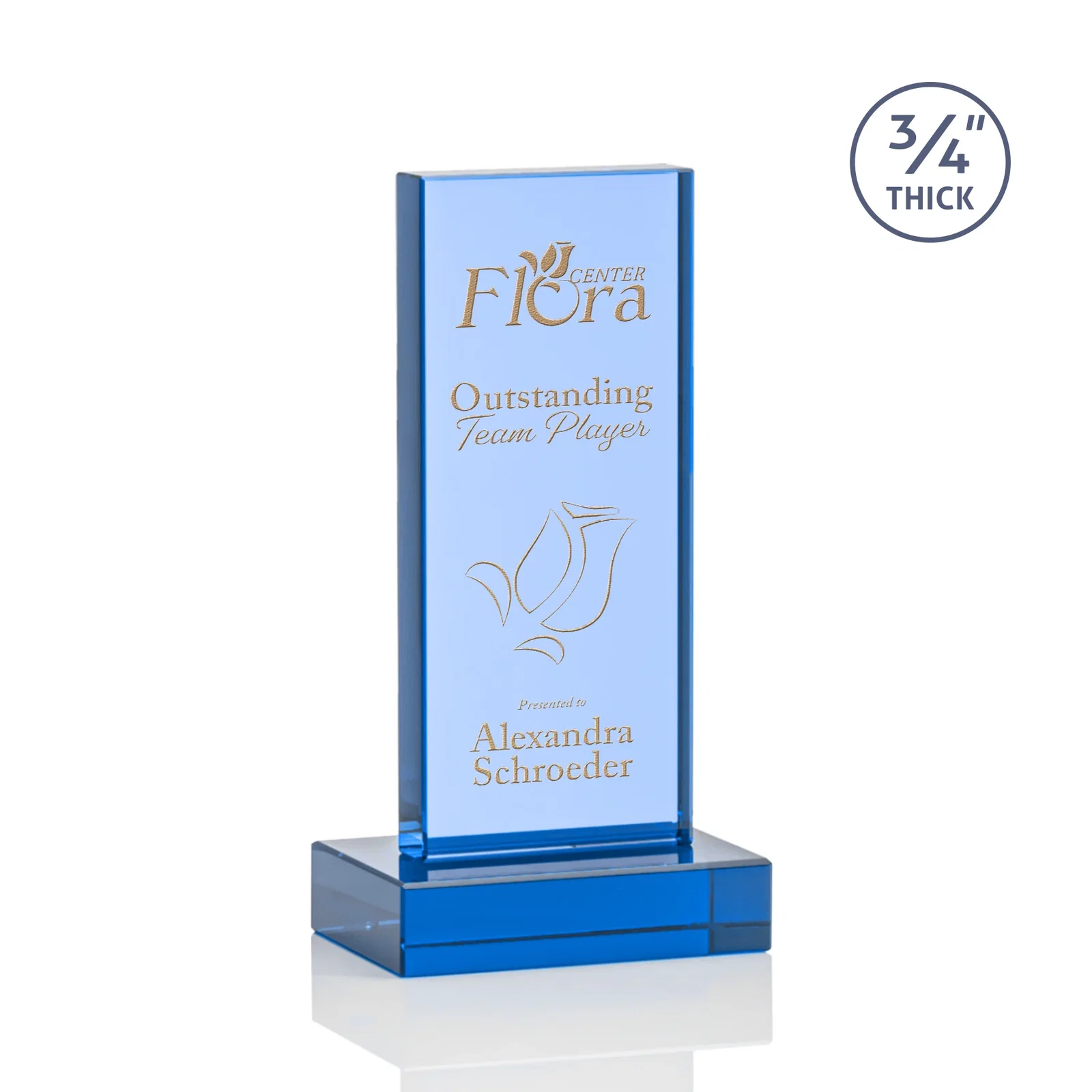 Branded Clear Optical Crystal Tower Award on Thick Matching Base for sales achievement awards