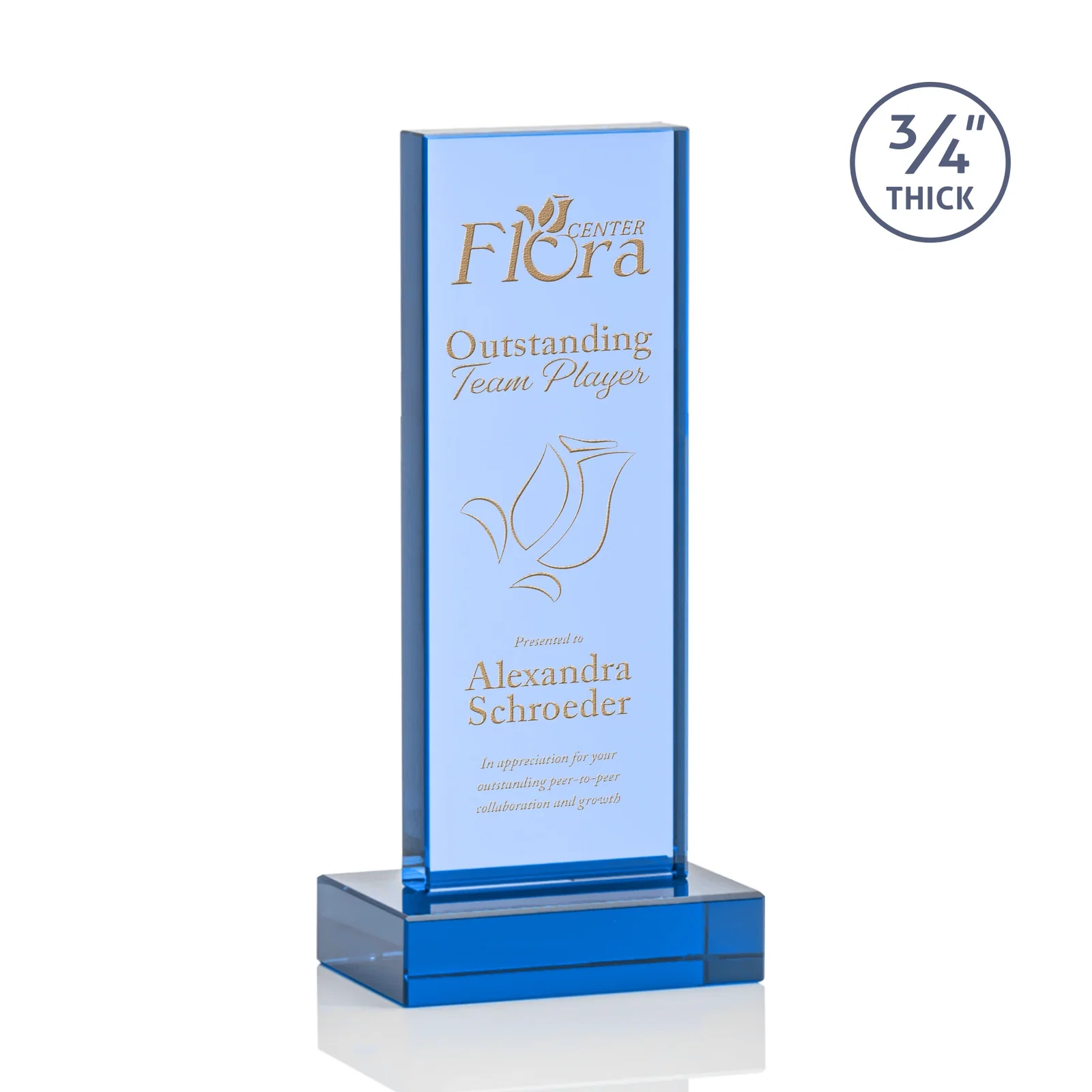 Branded Clear Optical Crystal Tower Award on Thick Matching Base for retirement presentations