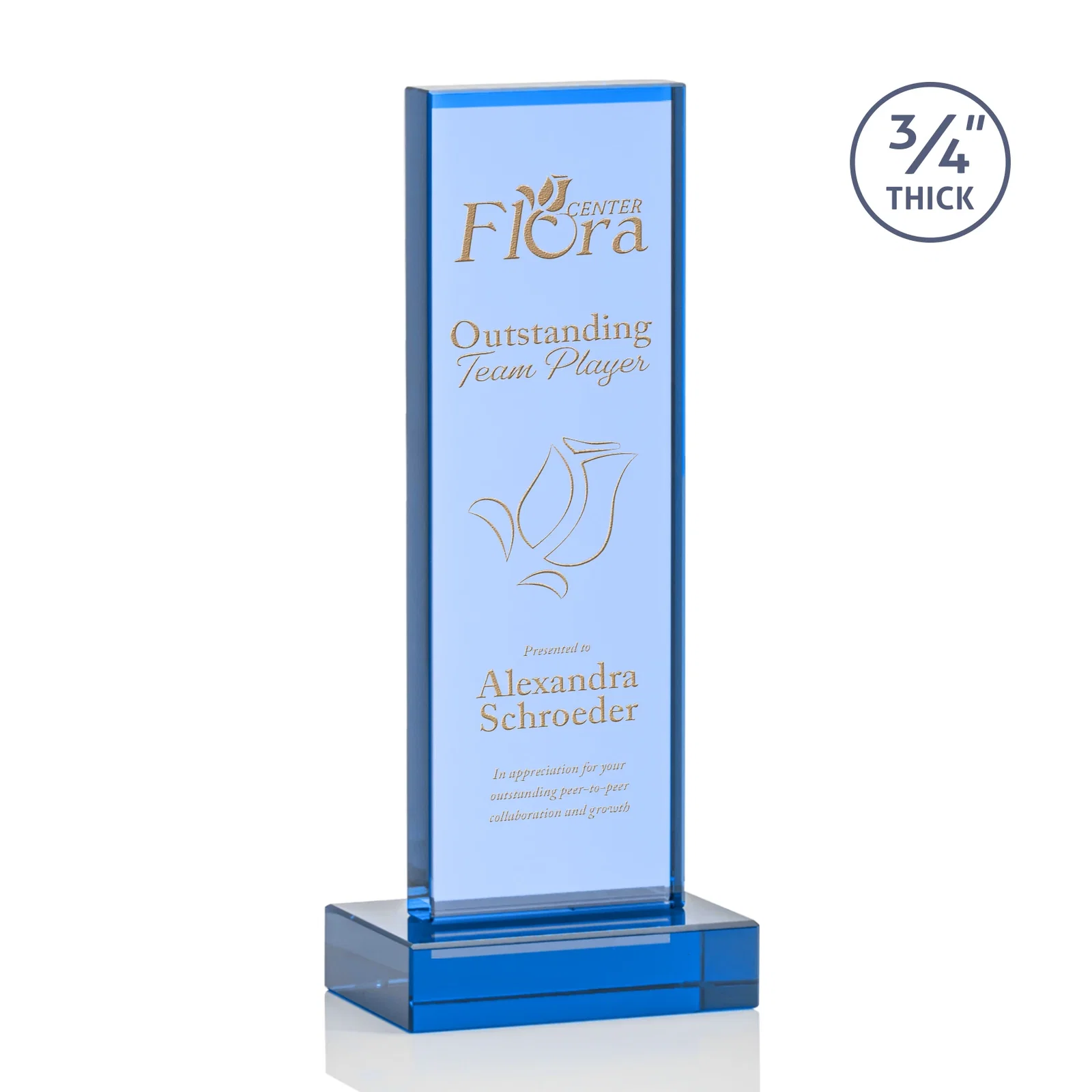 Branded Clear Optical Crystal Tower Award on Thick Matching Base for team milestone celebrations