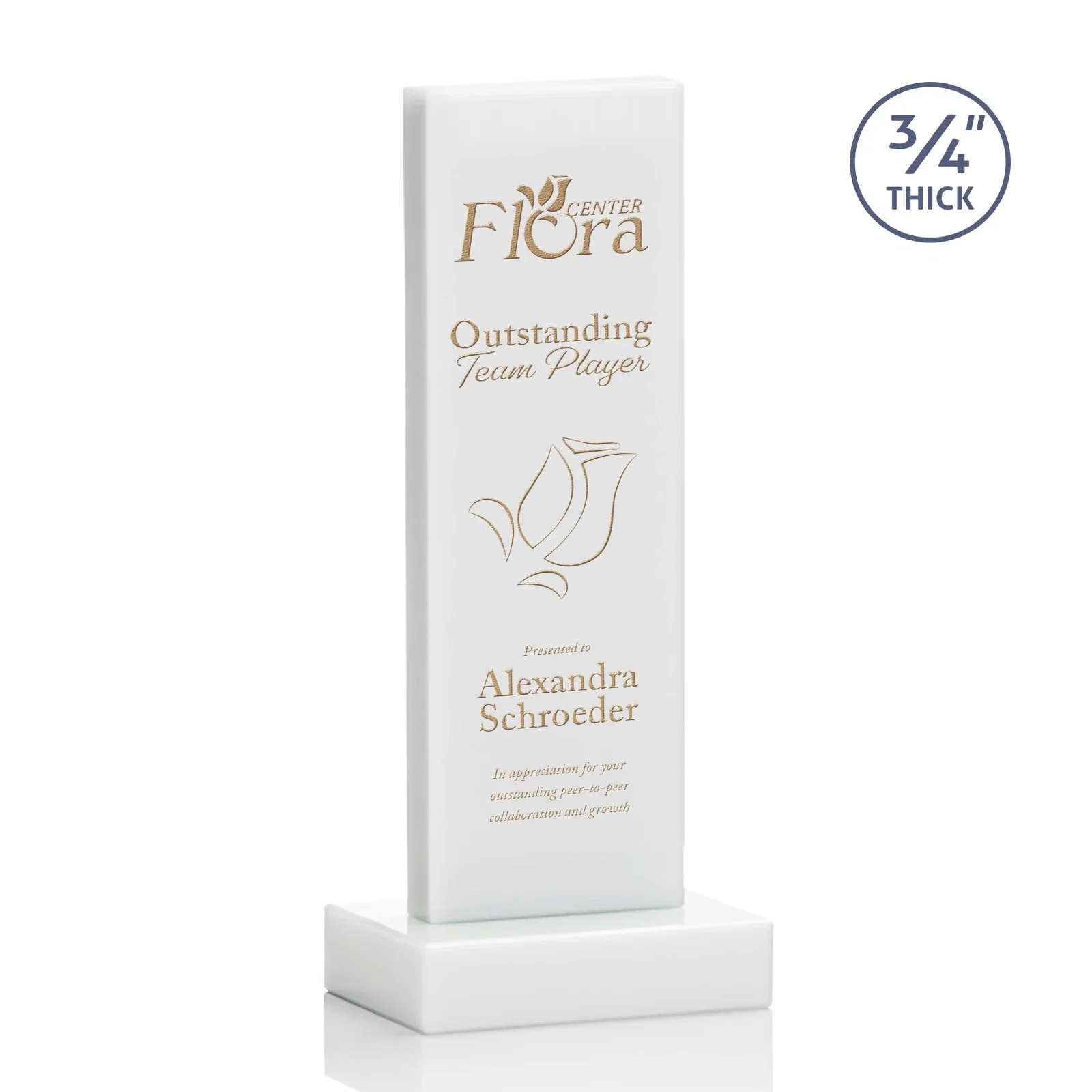 Branded Clear Optical Crystal Tower Award on Thick Matching Base for company anniversary events