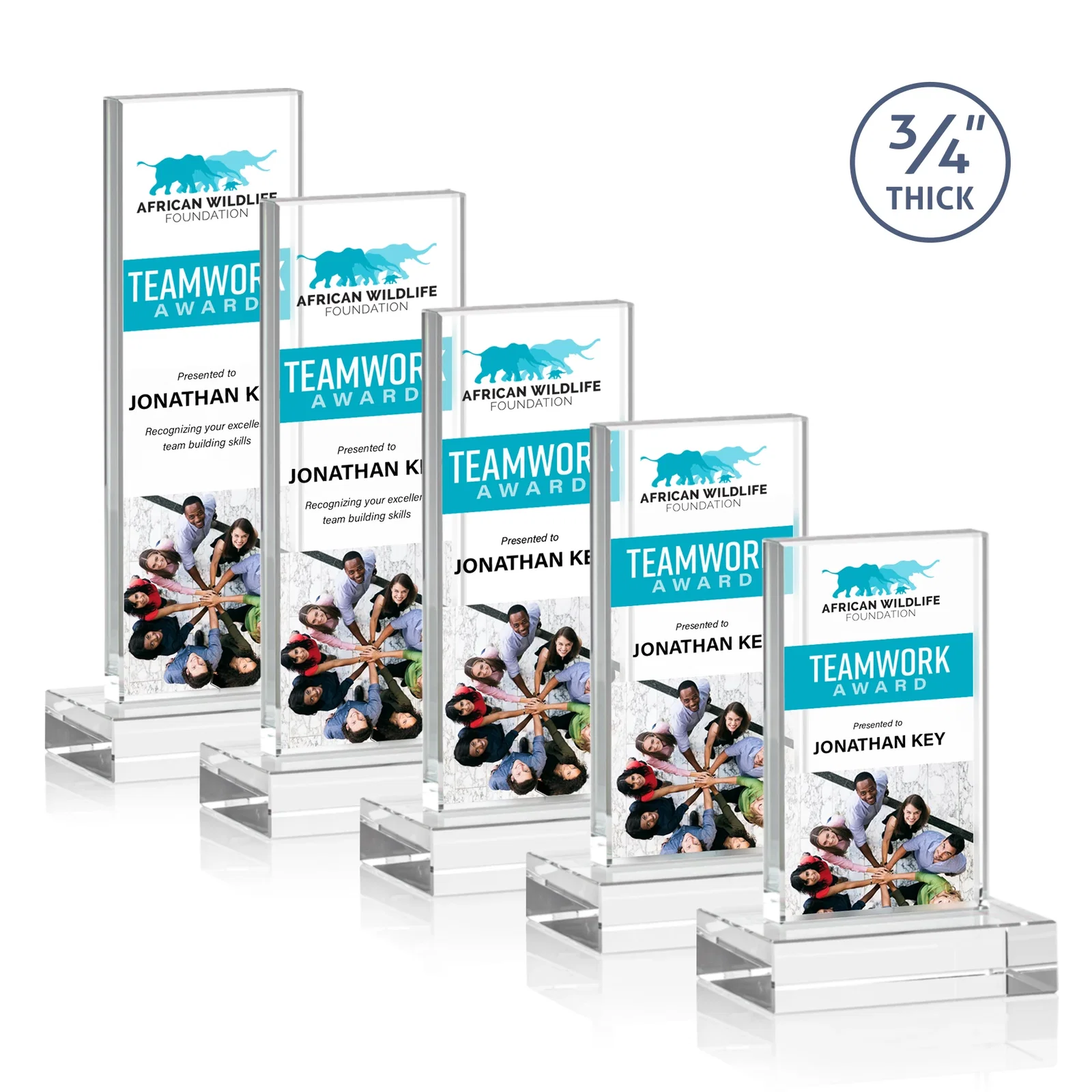 Custom printed Clear Optical Crystal Tower Award on Thick Matching Base for employee recognition
