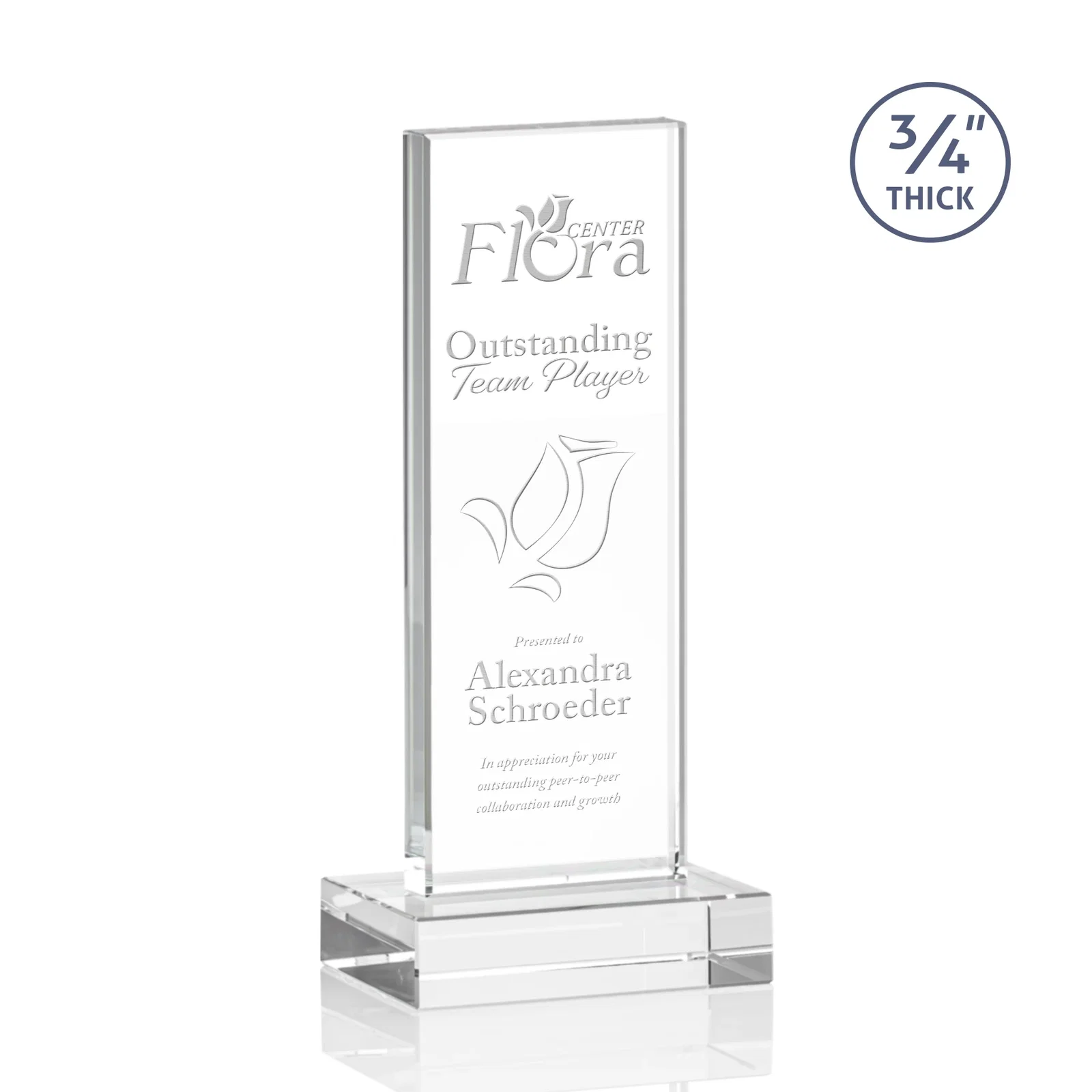Custom Clear Optical Crystal Tower Award on Thick Matching Base for retirement presentations