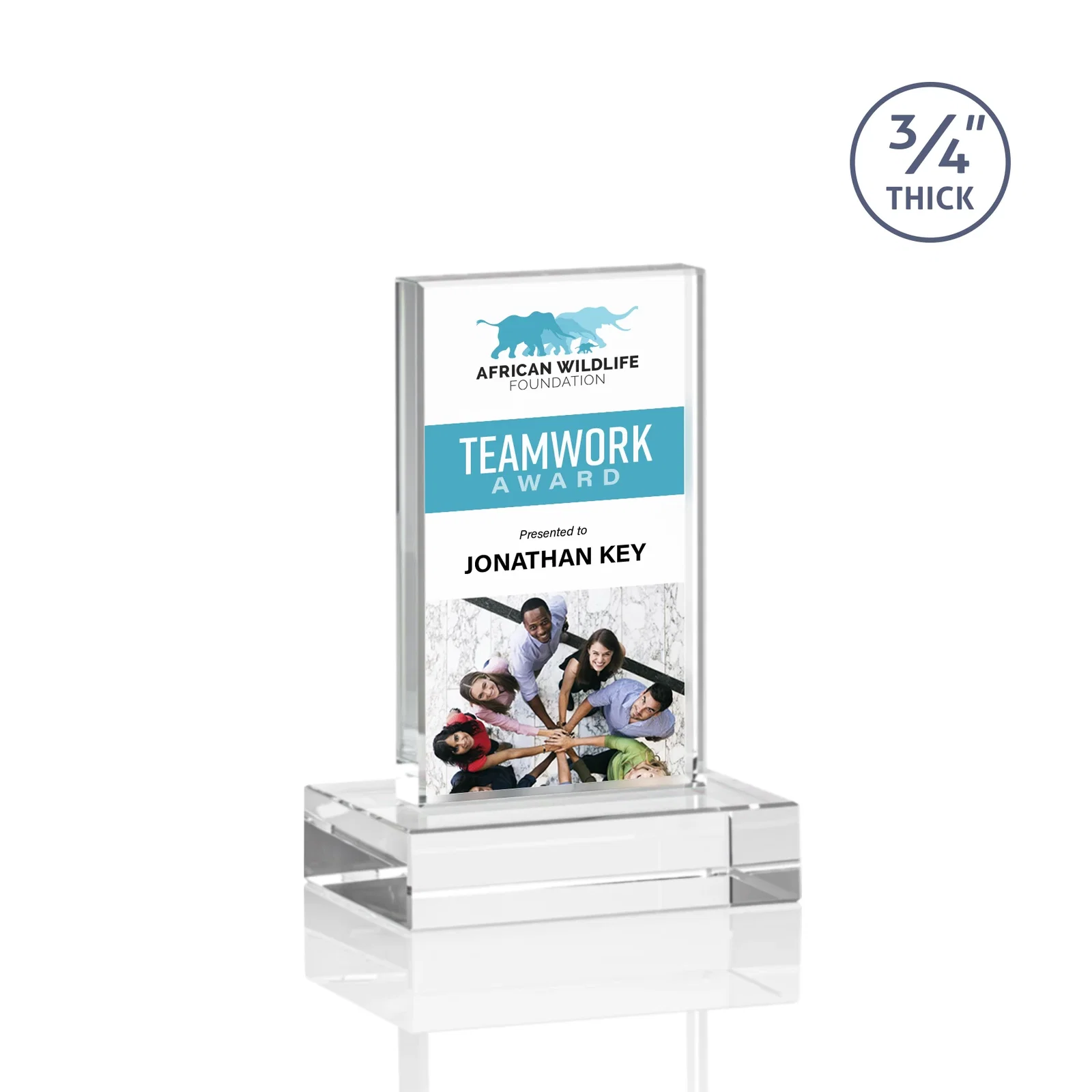 Custom printed Clear Optical Crystal Tower Award on Thick Matching Base for corporate award ceremonies