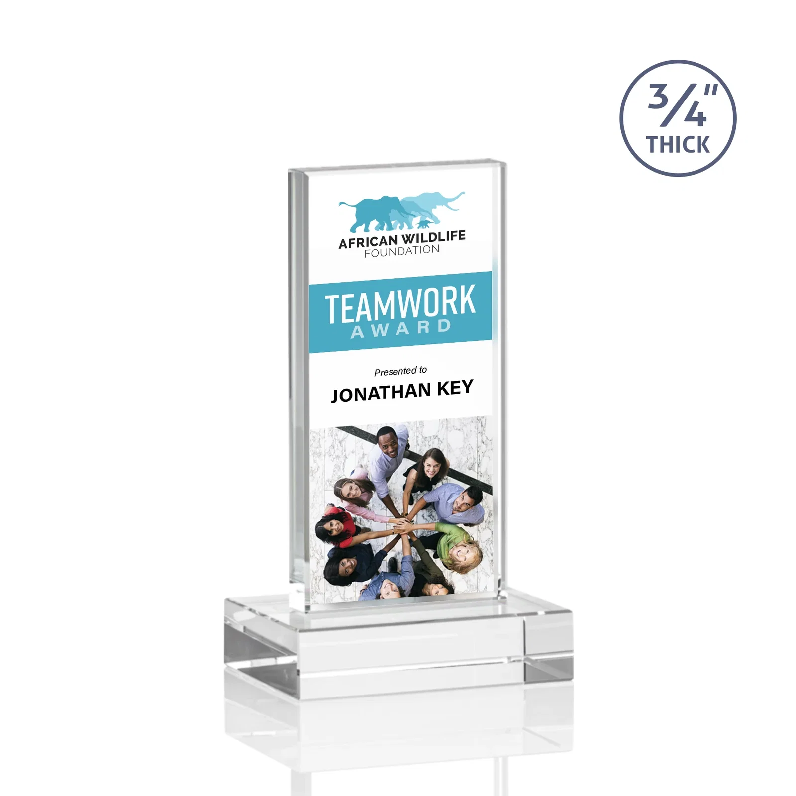 Custom printed Clear Optical Crystal Tower Award on Thick Matching Base for service anniversary gifts