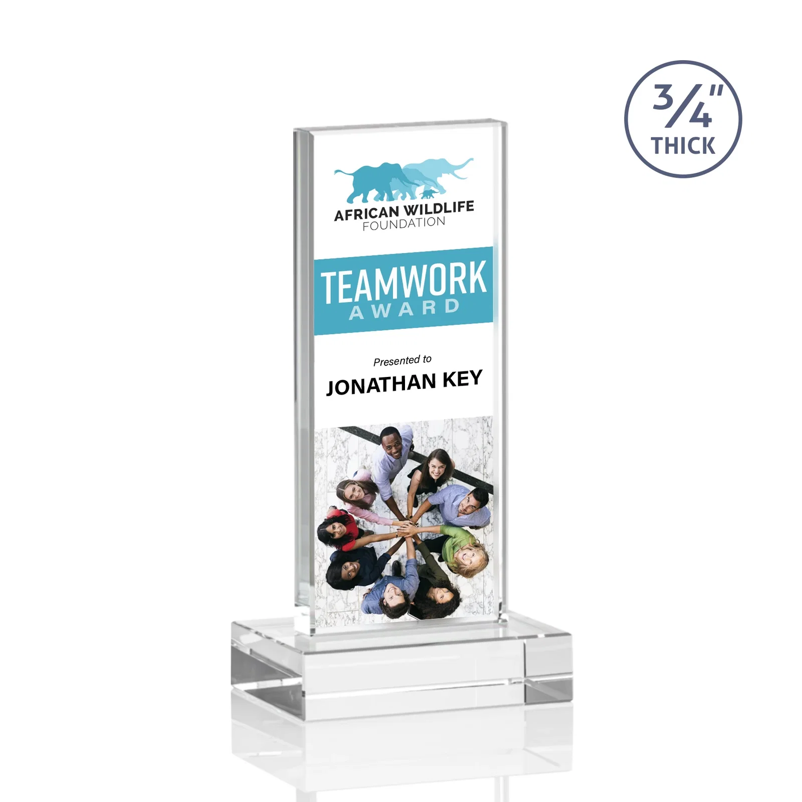 Custom printed Clear Optical Crystal Tower Award on Thick Matching Base for sales achievement awards
