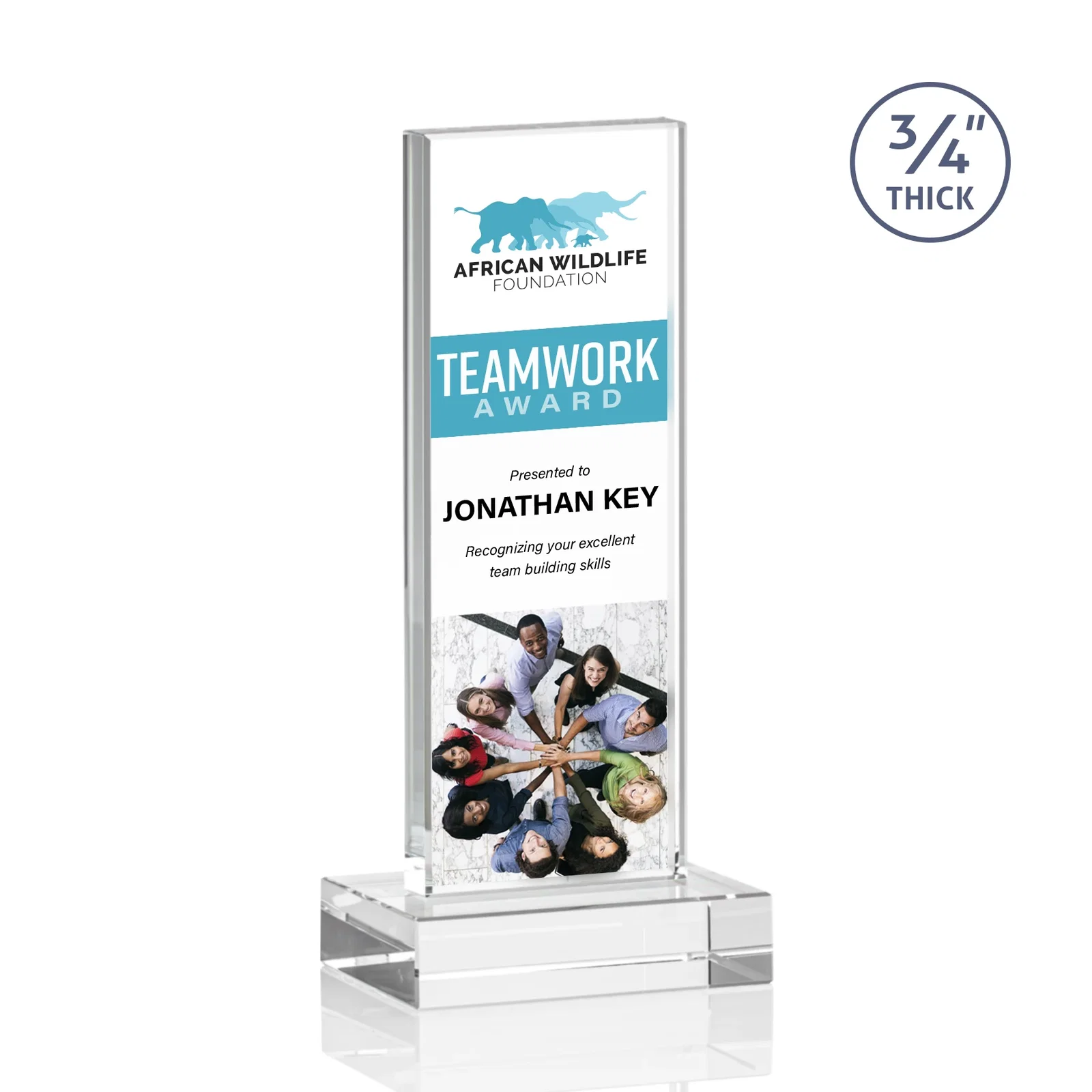 Custom printed Clear Optical Crystal Tower Award on Thick Matching Base for retirement presentations