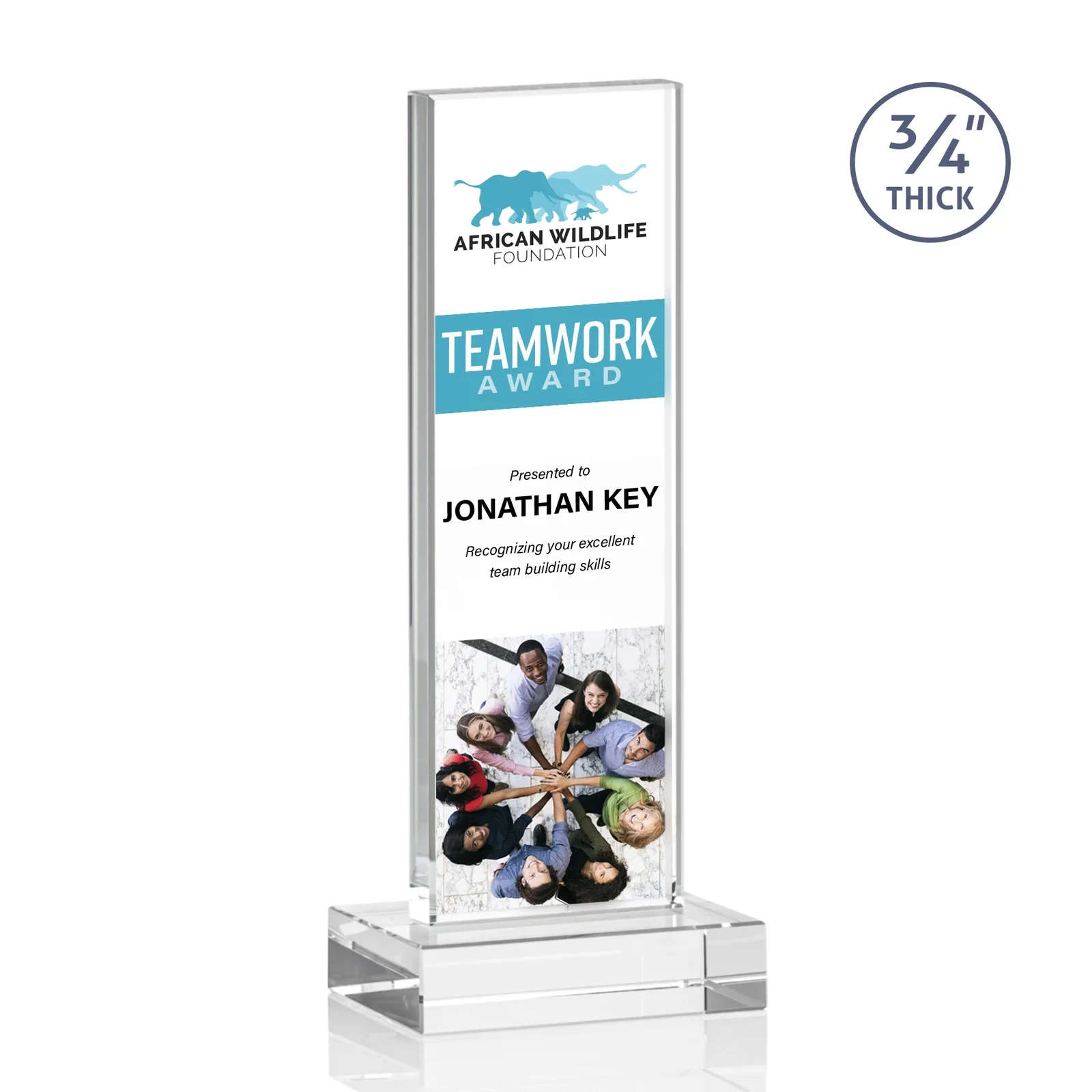 Custom printed Clear Optical Crystal Tower Award on Thick Matching Base for team milestone celebrations
