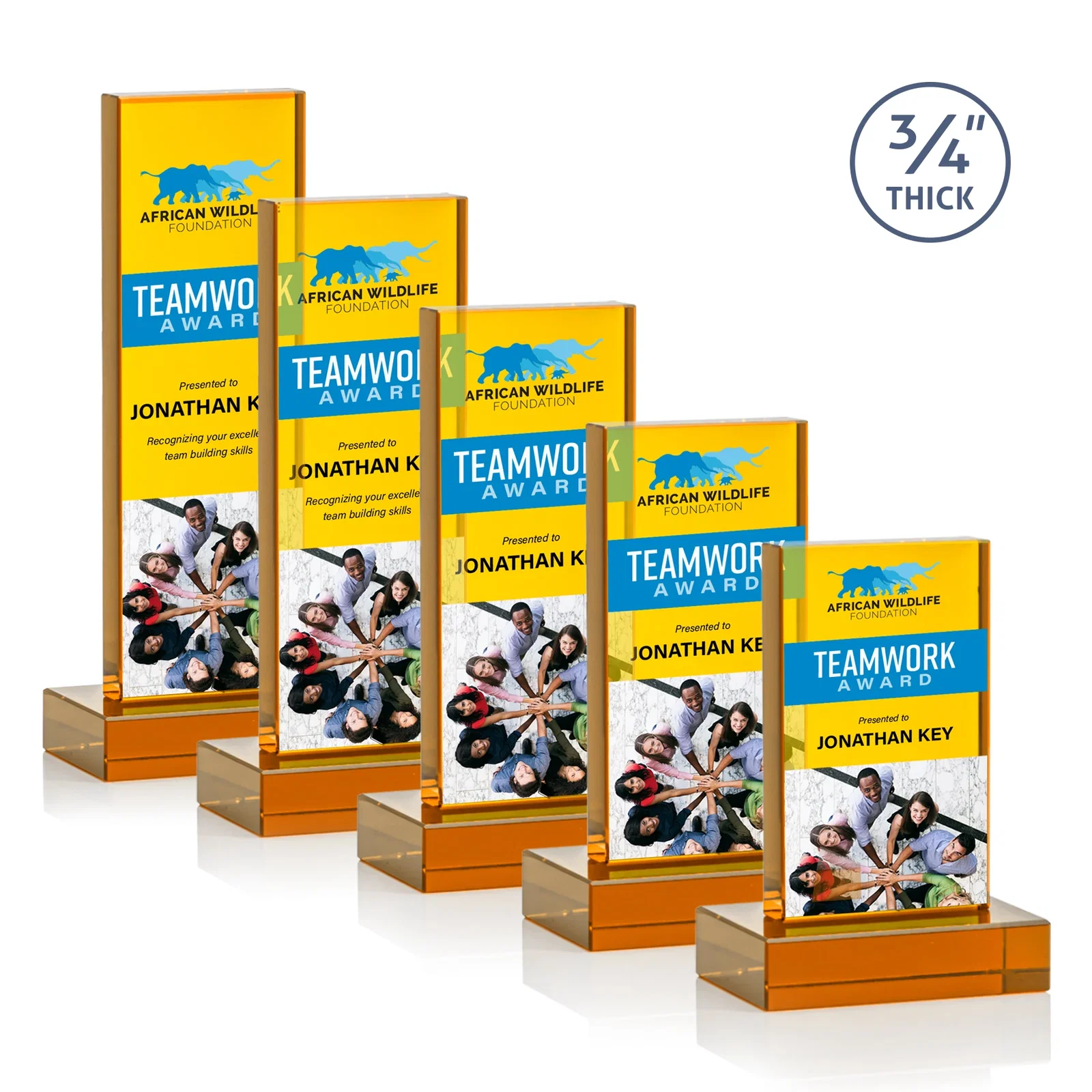 Custom printed Clear Optical Crystal Tower Award on Thick Matching Base for donor appreciation