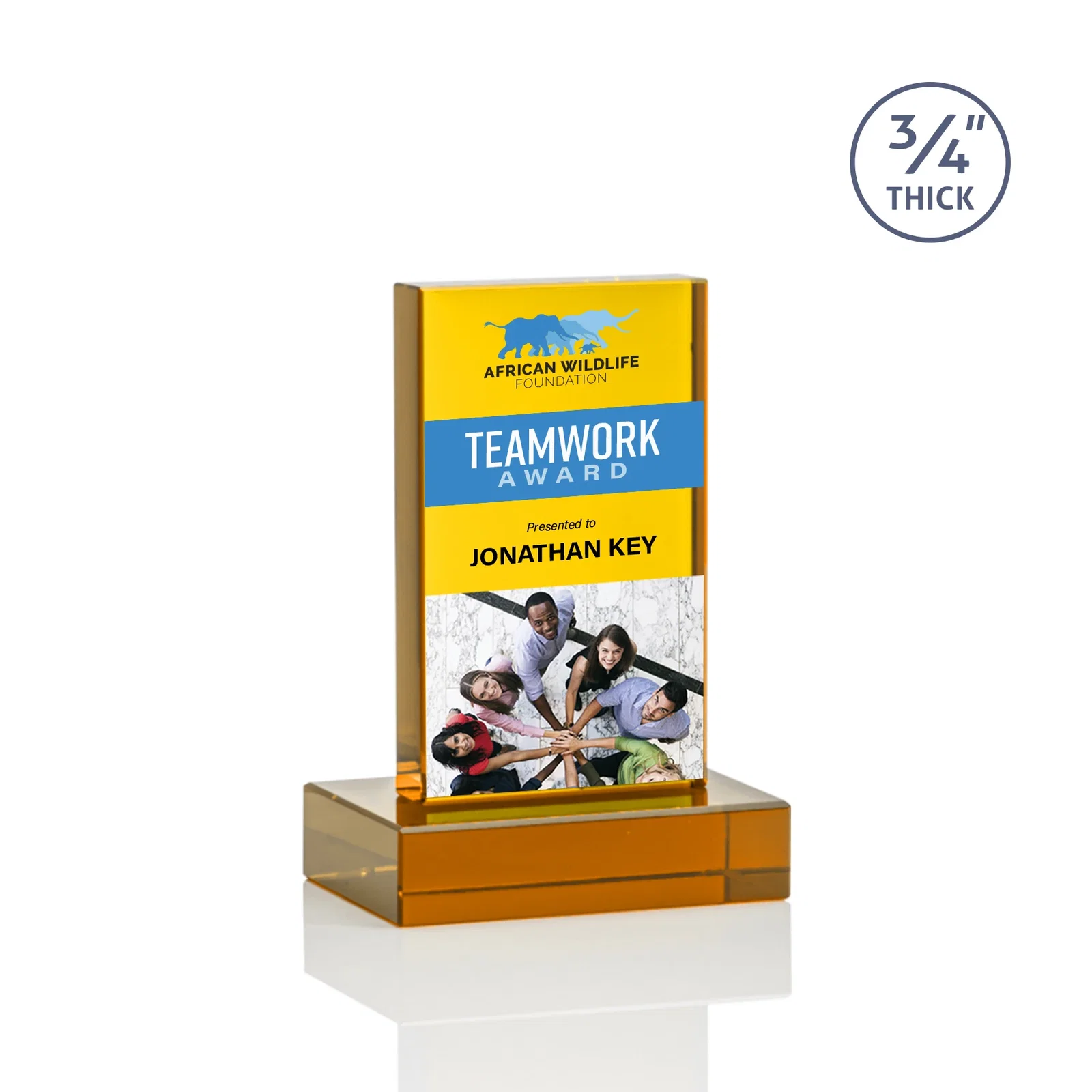 Custom printed Clear Optical Crystal Tower Award on Thick Matching Base for graduation ceremonies