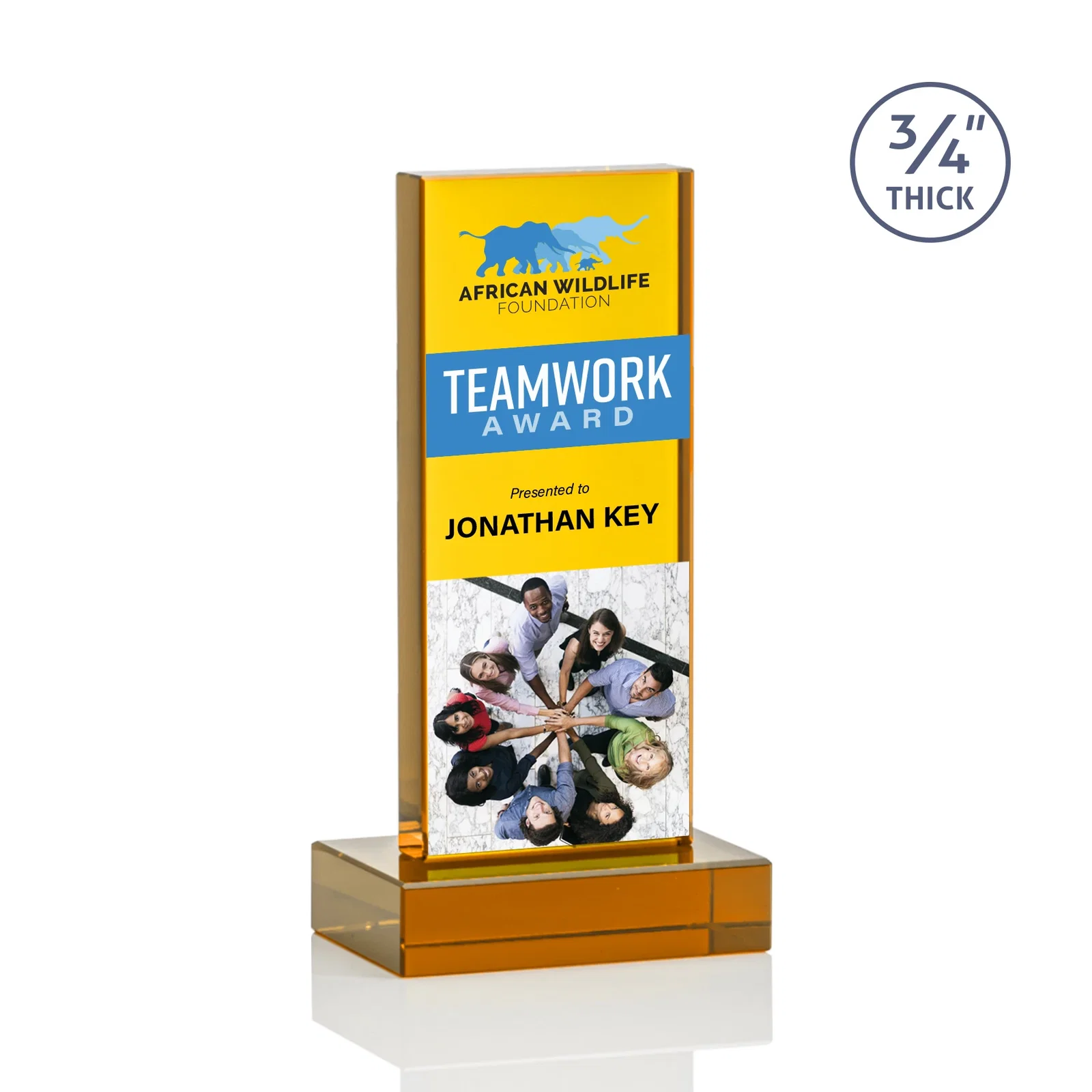 Custom printed Clear Optical Crystal Tower Award on Thick Matching Base for volunteer appreciation