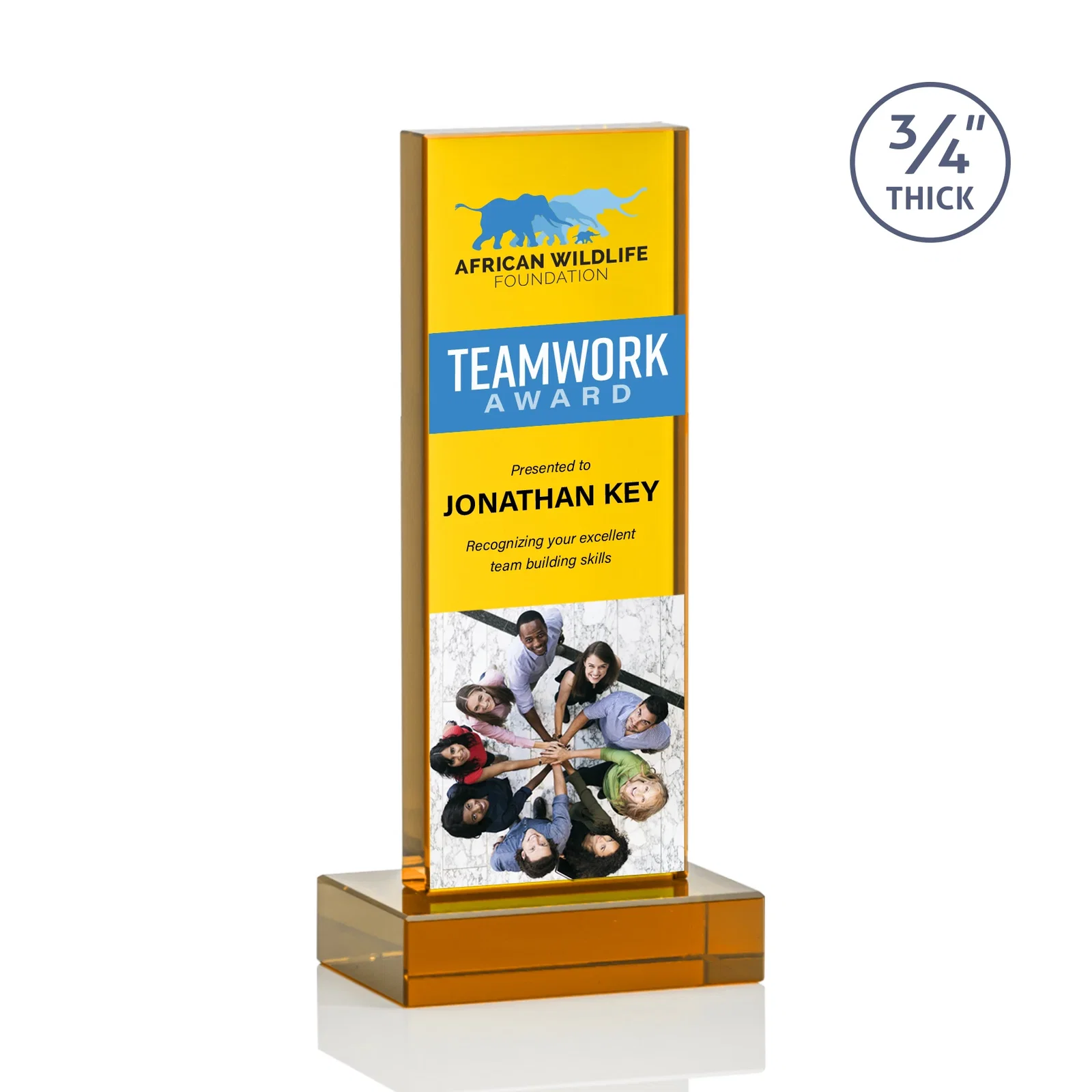 Custom printed Clear Optical Crystal Tower Award on Thick Matching Base for dealer and partner awards