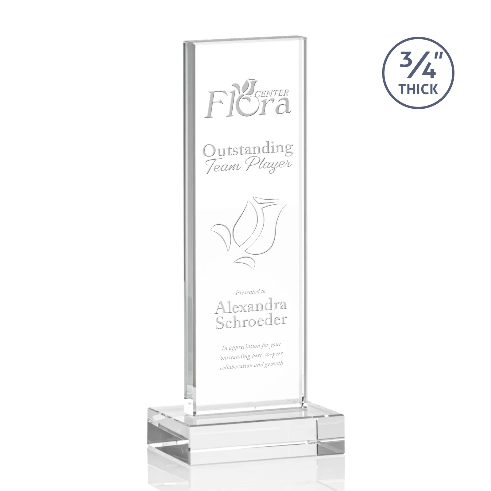 Custom Clear Optical Crystal Tower Award on Thick Matching Base for team milestone celebrations