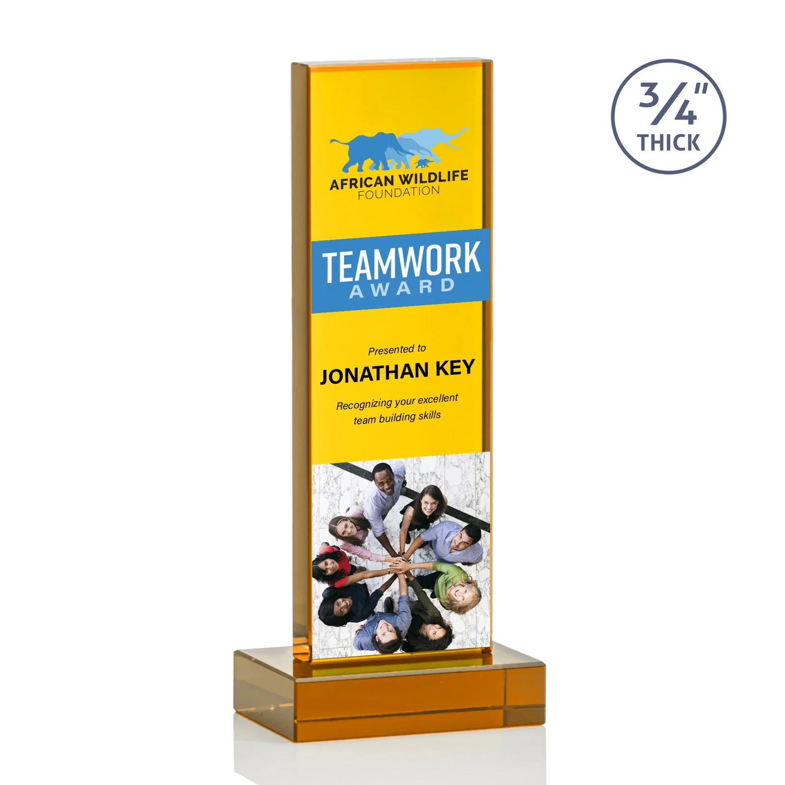 Custom printed Clear Optical Crystal Tower Award on Thick Matching Base for company anniversary events