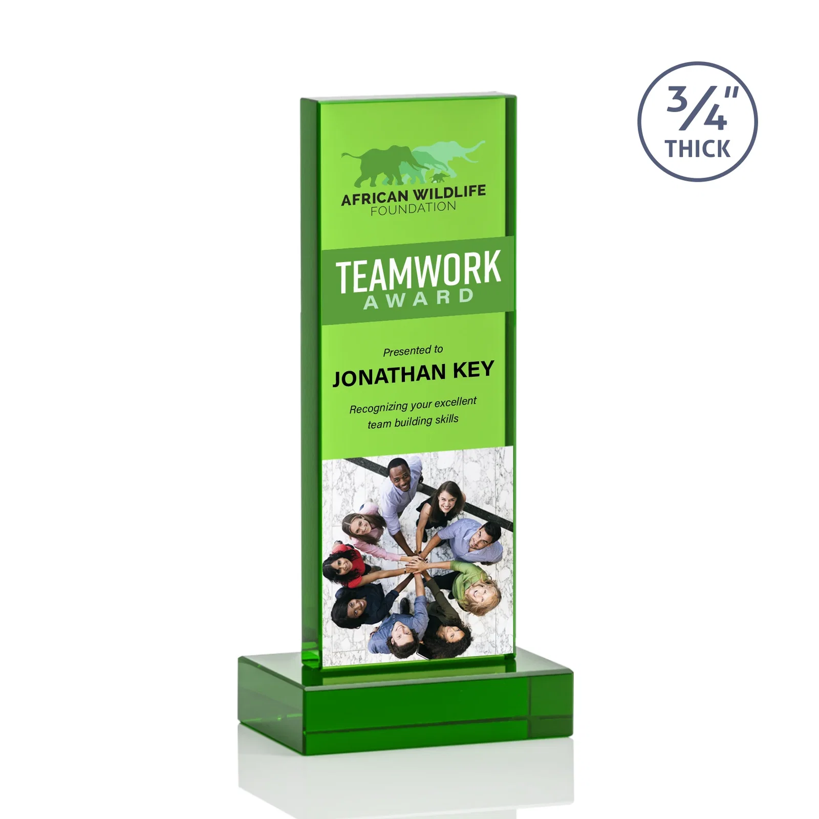 Customized Clear Optical Crystal Tower Award on Thick Matching Base for retirement presentations