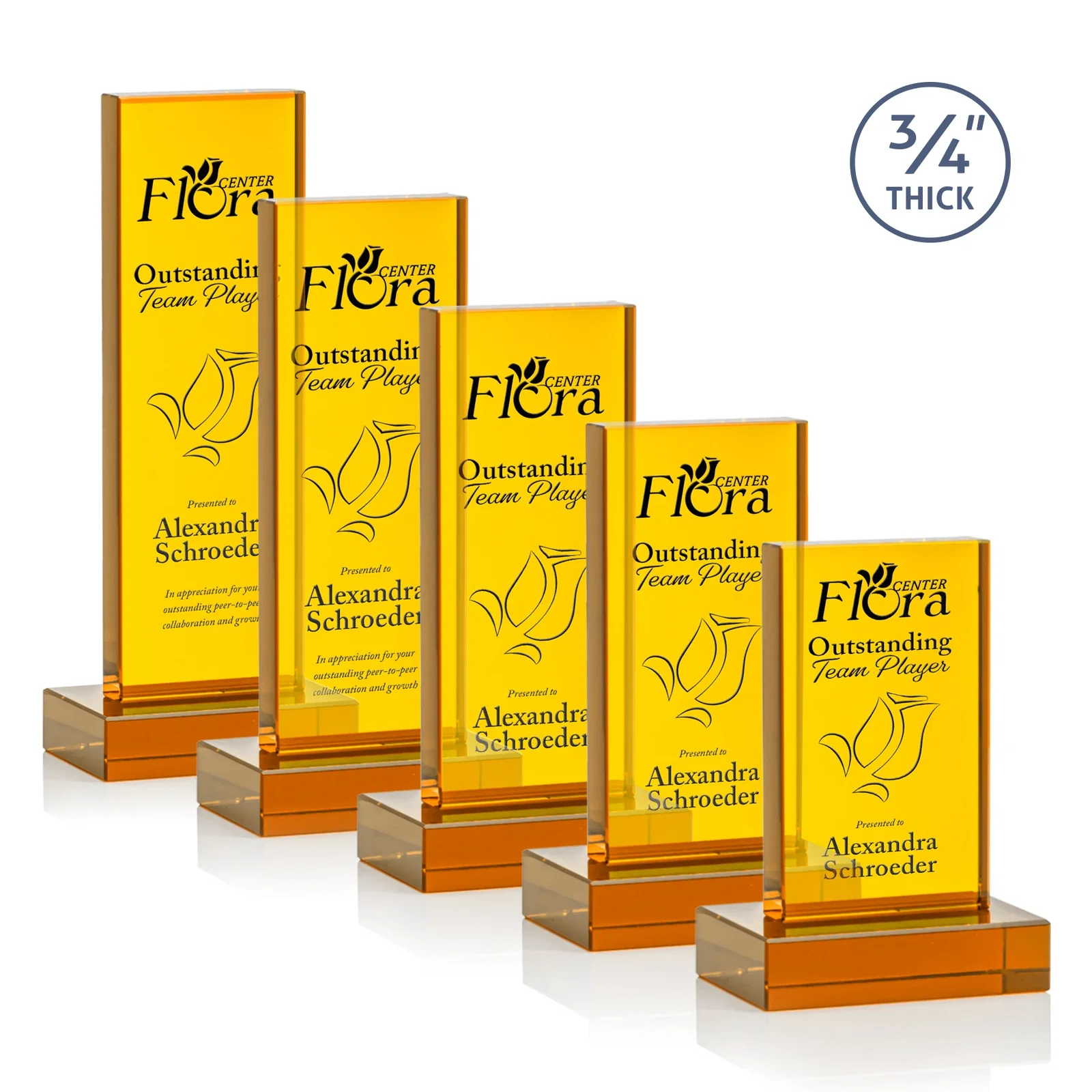 Custom Clear Optical Crystal Tower Award on Thick Matching Base for donor appreciation